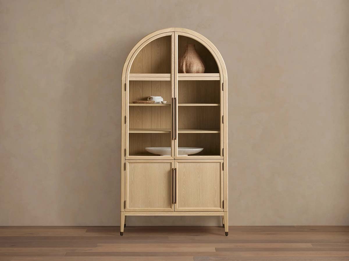 Hattie Glass Tall Display Cabinet Oak Wood Living Room Storage Cabinet