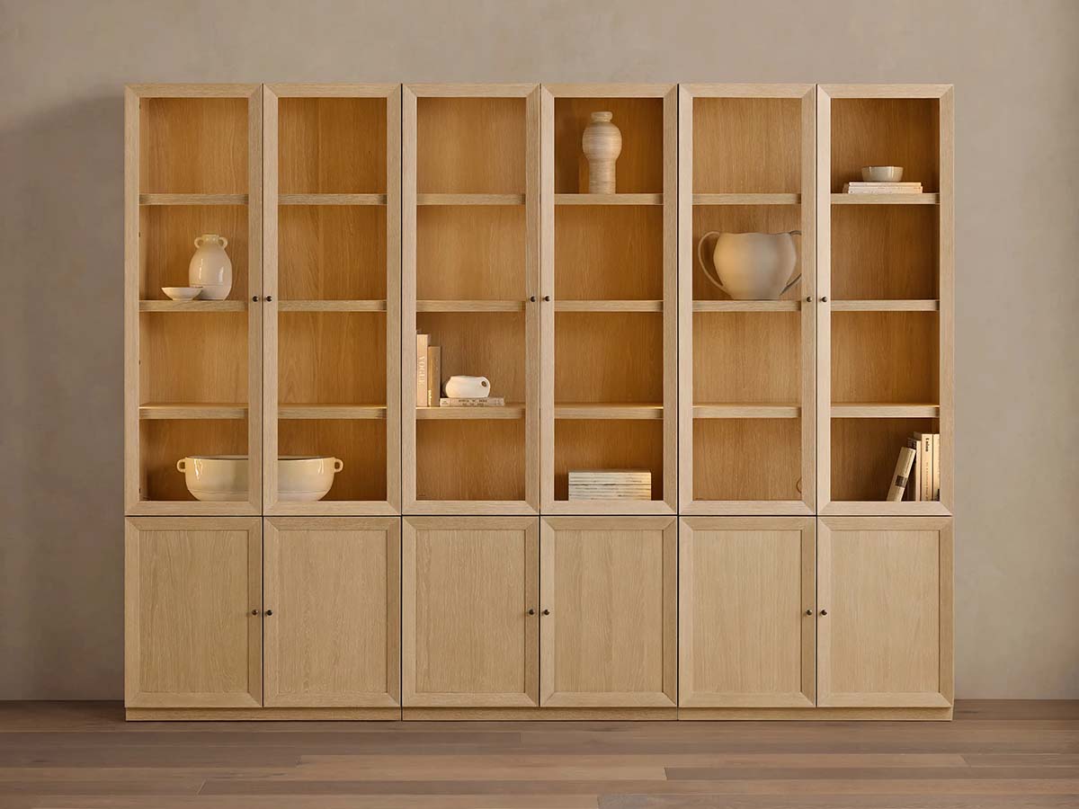 Nason Modular Glass Display Cabinets Oak Wood Tall Cabinets Large Bookcase with Integrated LED Lighting