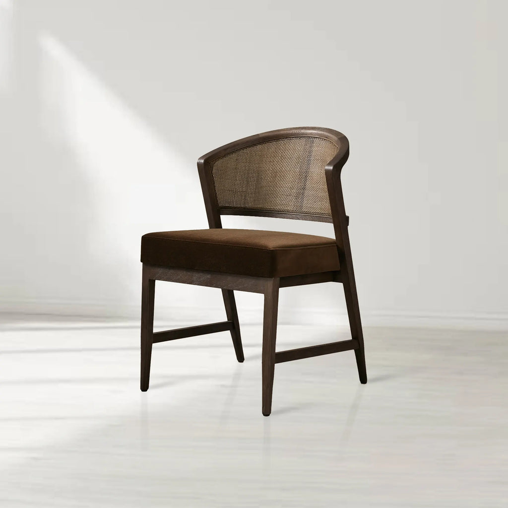 Aimee Oak Wood Dining Side Chair Rattan Cane Back Dining Chair Midcentury Living Room Chairs with Upholstered