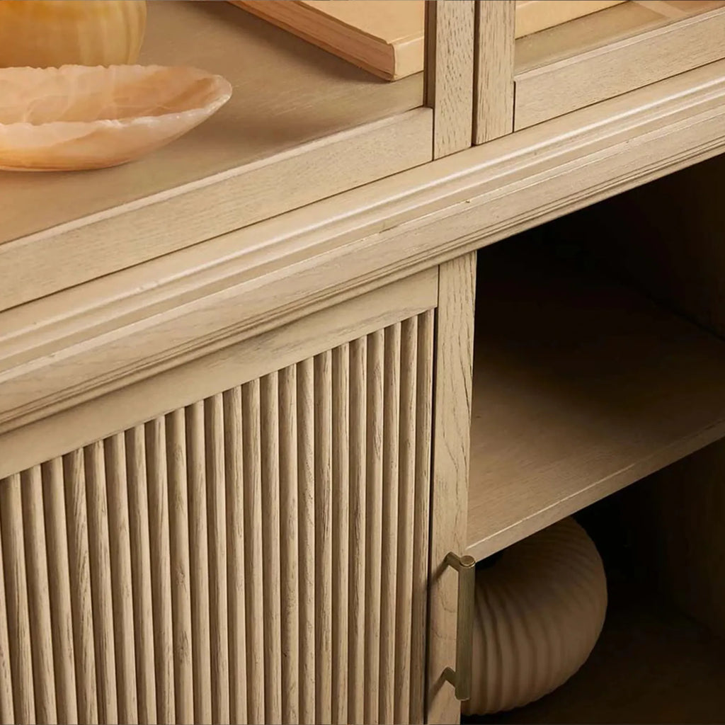 Coventry Reeded Detailing Glass Tall Display Cabinets White Oak Dining Room Side Cabinet with LED Lighting