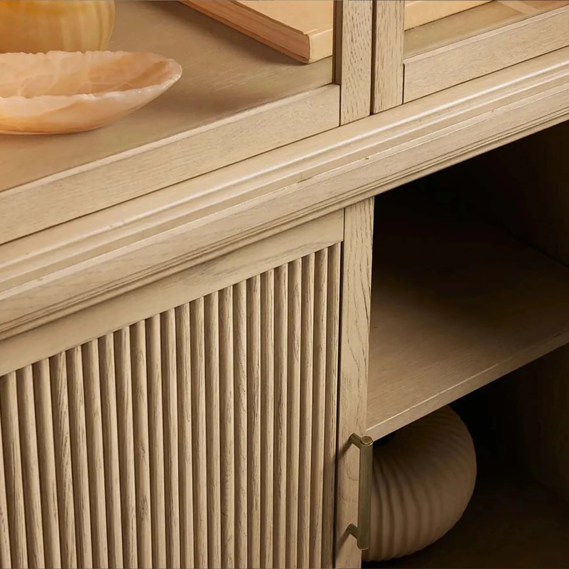 Coventry Reeded Detailing Glass Tall Display Cabinets White Oak Dining Room Side Cabinet with LED Lighting