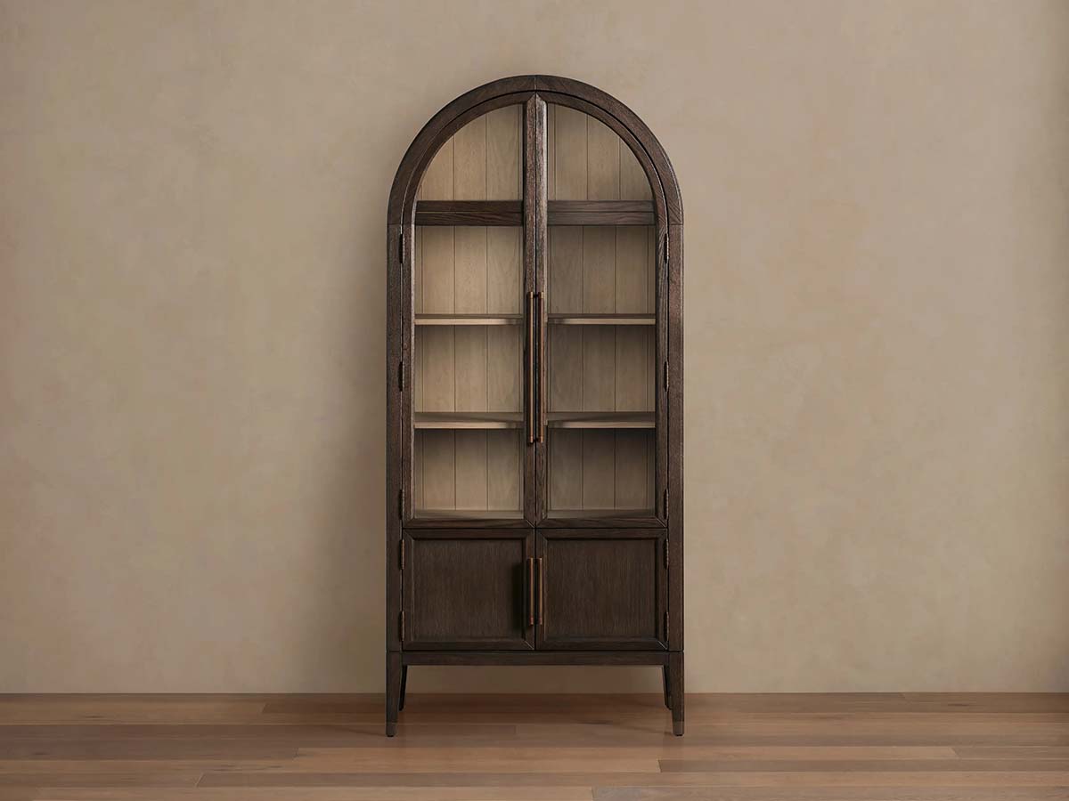 Hattie Glass Tall Display Cabinet Oak Wood Living Room Storage Cabinet