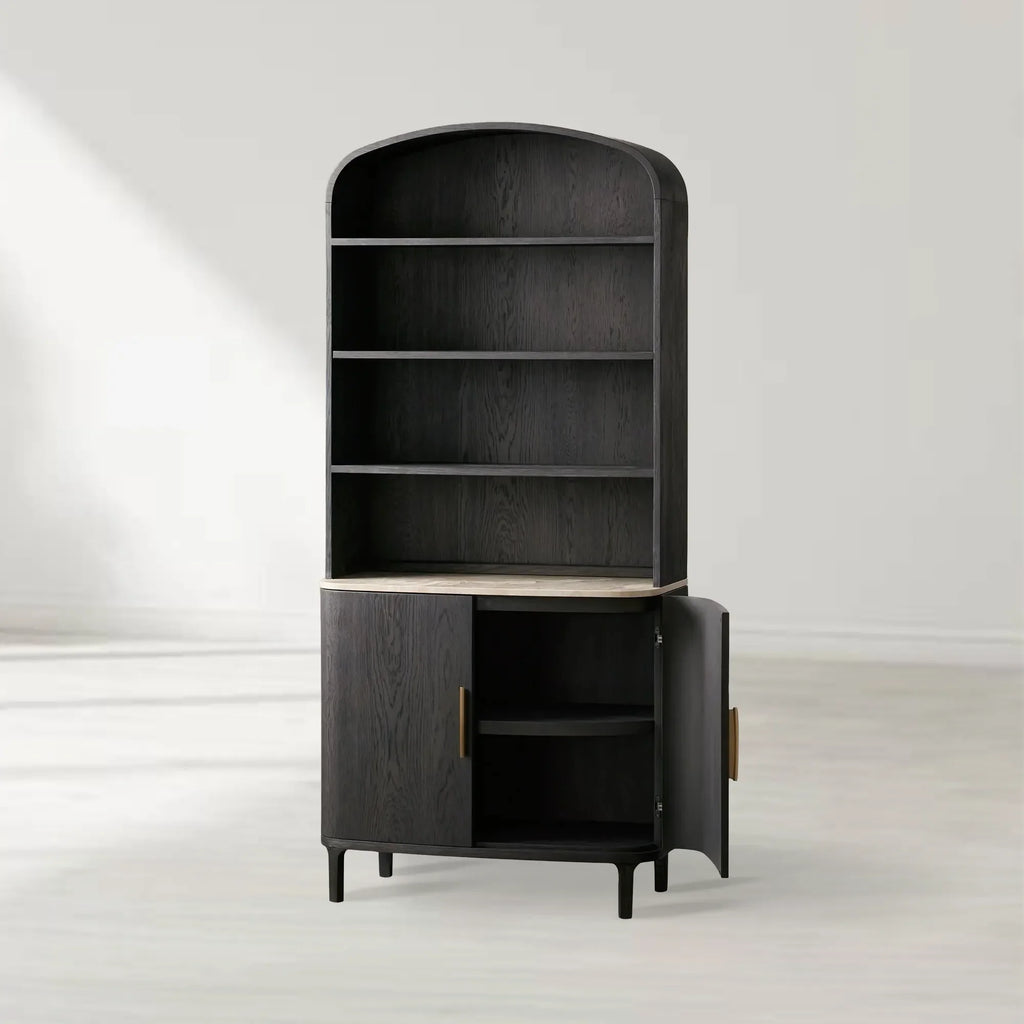 Danny Wood Tall Display Hutch With Marble Top Oak Sideboard buffet Storage Table Kitchen Pantry Cabinet