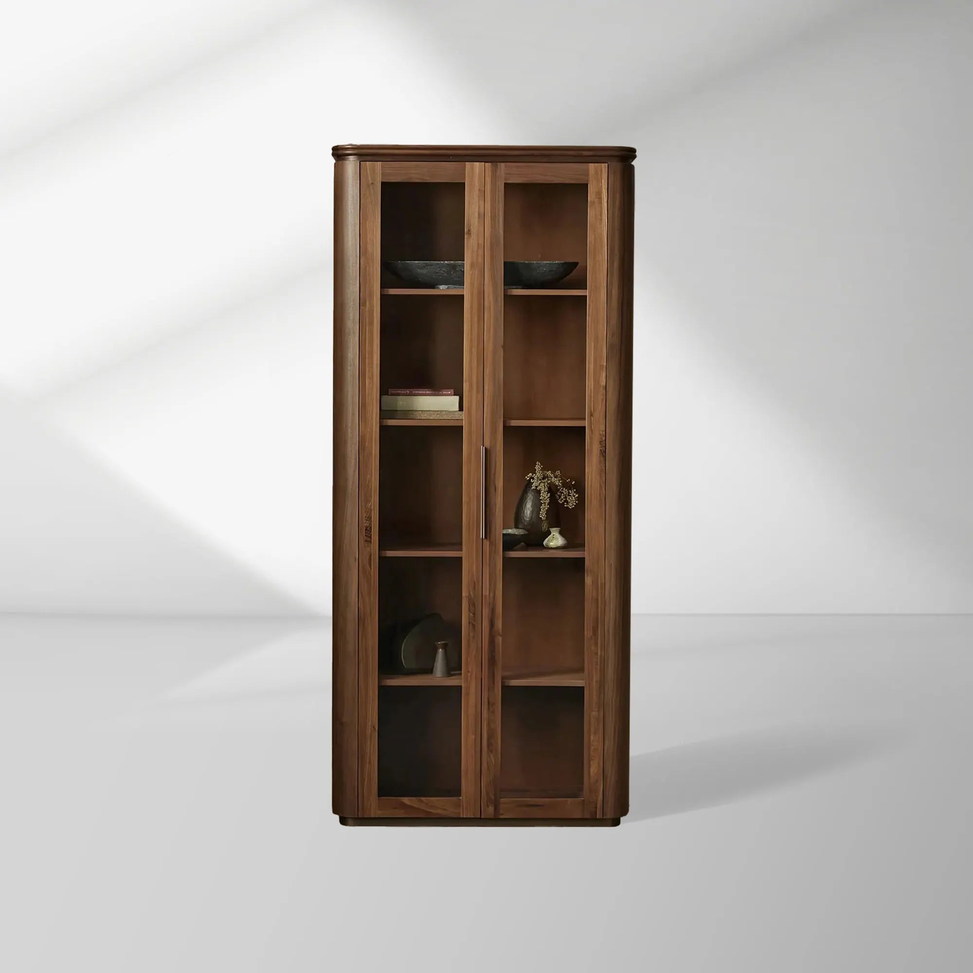Caden Walnut Tall Display Cabinet Wood Curio Storage Cabinet Entryway China Cabinet Glass Door Bookcase