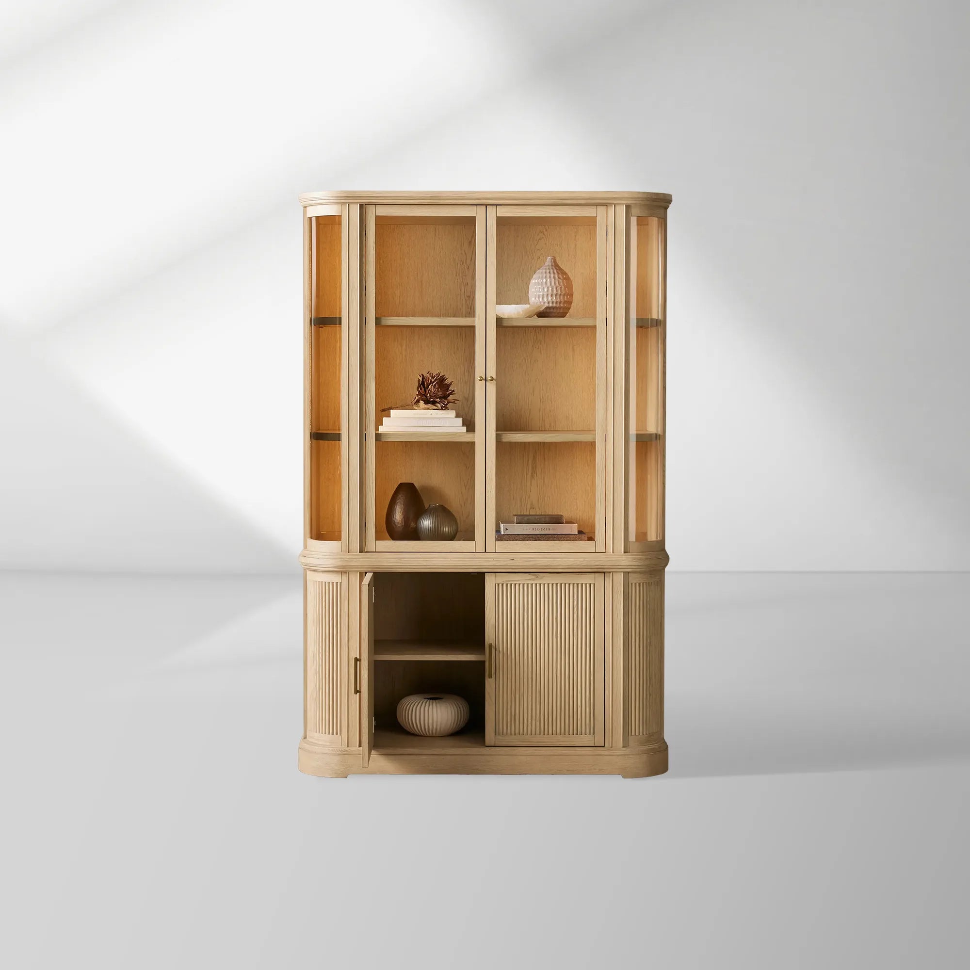 Coventry Reeded Detailing Glass Tall Display Cabinets White Oak Dining Room Side Cabinet with LED Lighting