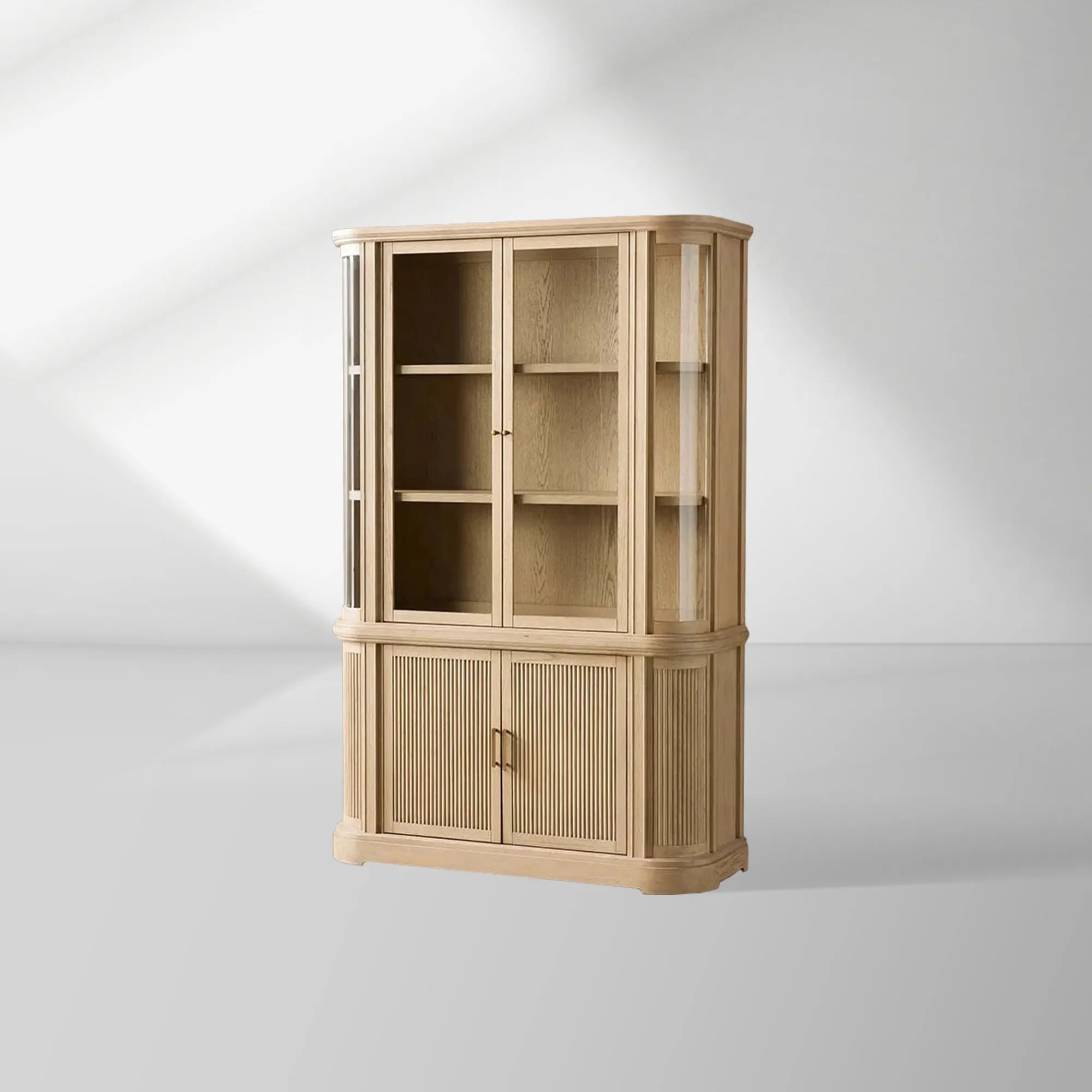 Coventry Reeded Detailing Glass Tall Display Cabinets White Oak Dining Room Side Cabinet with LED Lighting