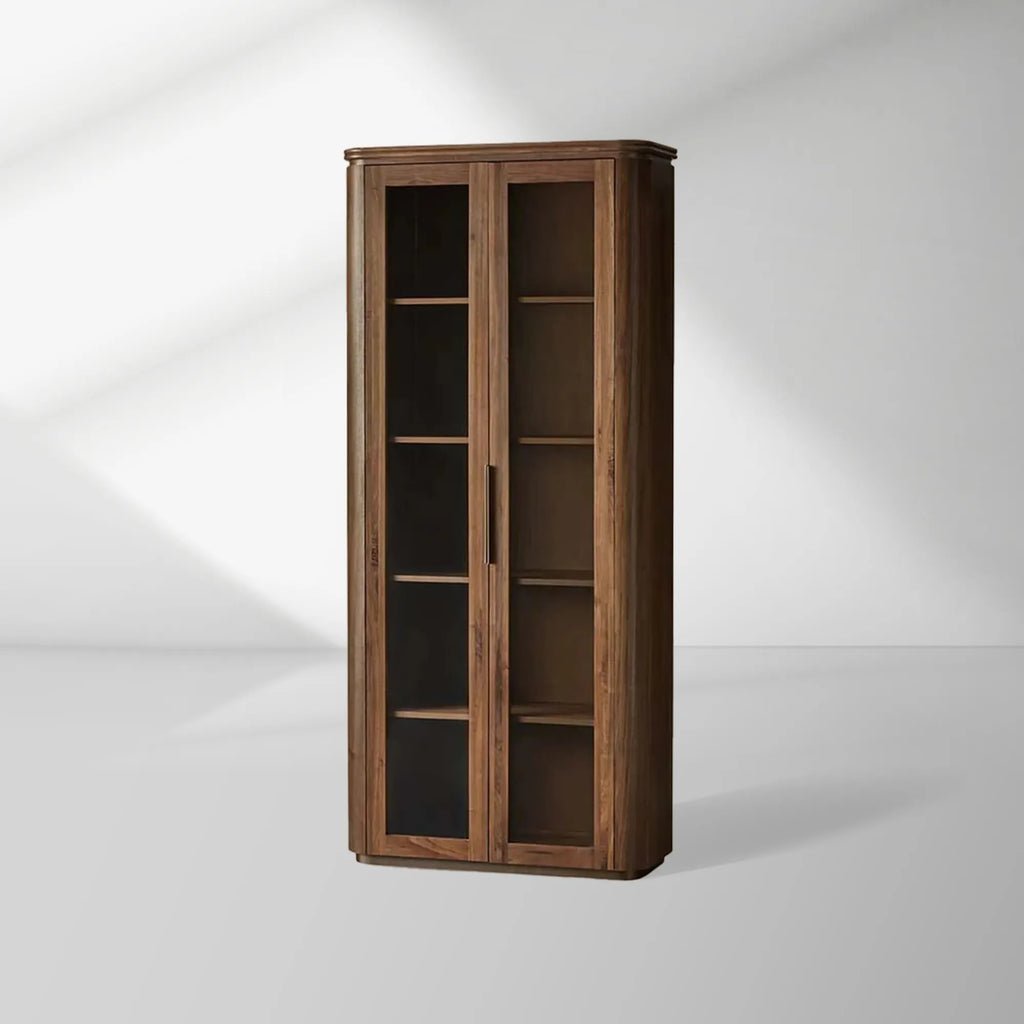Caden Walnut Tall Display Cabinet Wood Curio Storage Cabinet Entryway China Cabinet Glass Door Bookcase
