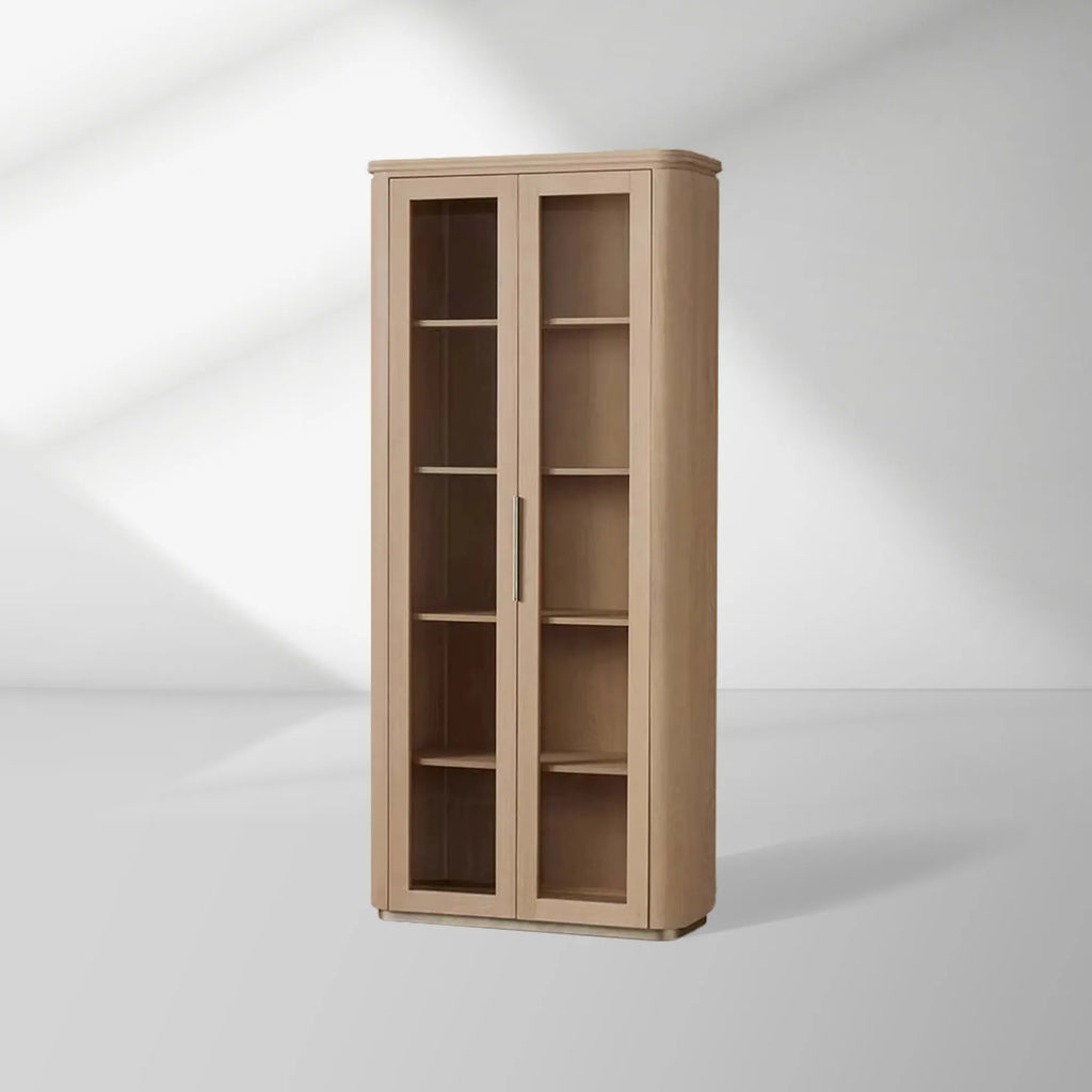 Caden Walnut Tall Display Cabinet Wood Curio Storage Cabinet Entryway China Cabinet Glass Door Bookcase