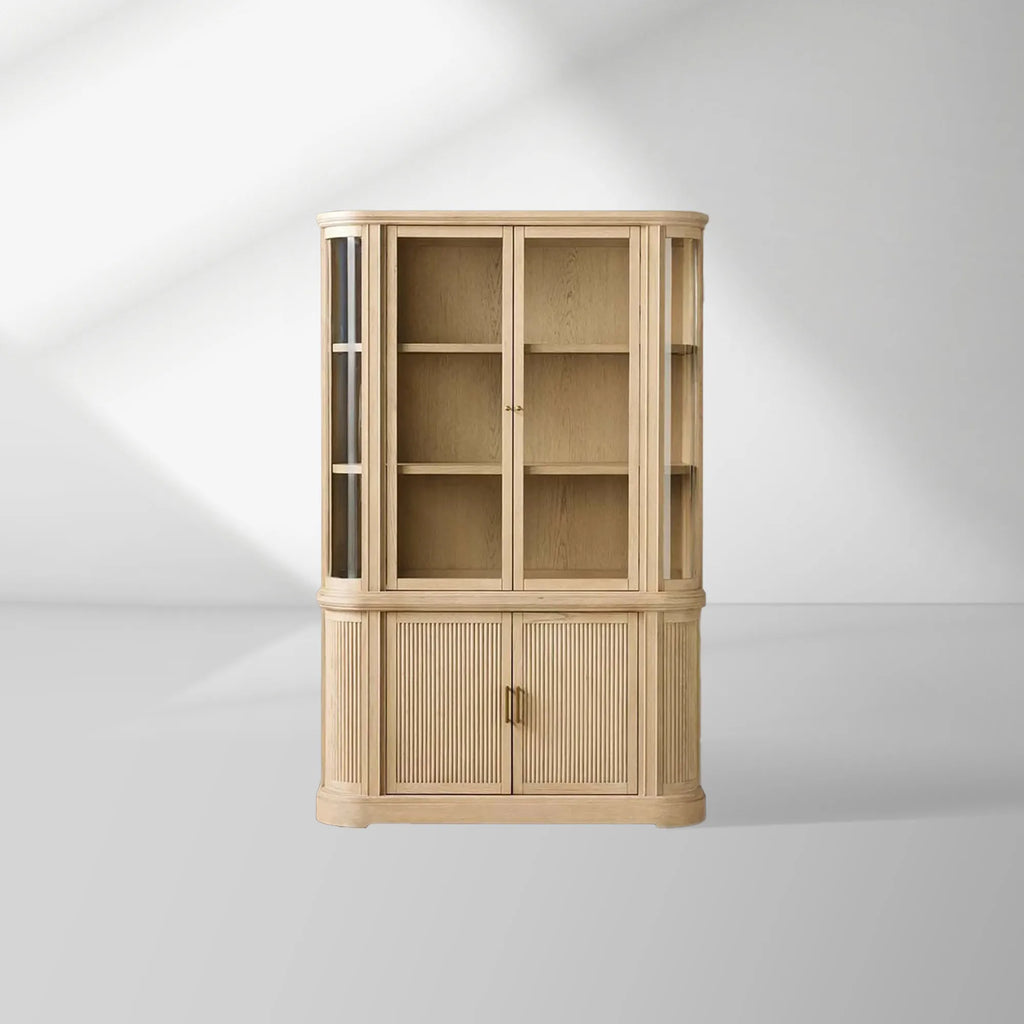 Coventry Reeded Detailing Glass Tall Display Cabinets White Oak Dining Room Side Cabinet with LED Lighting