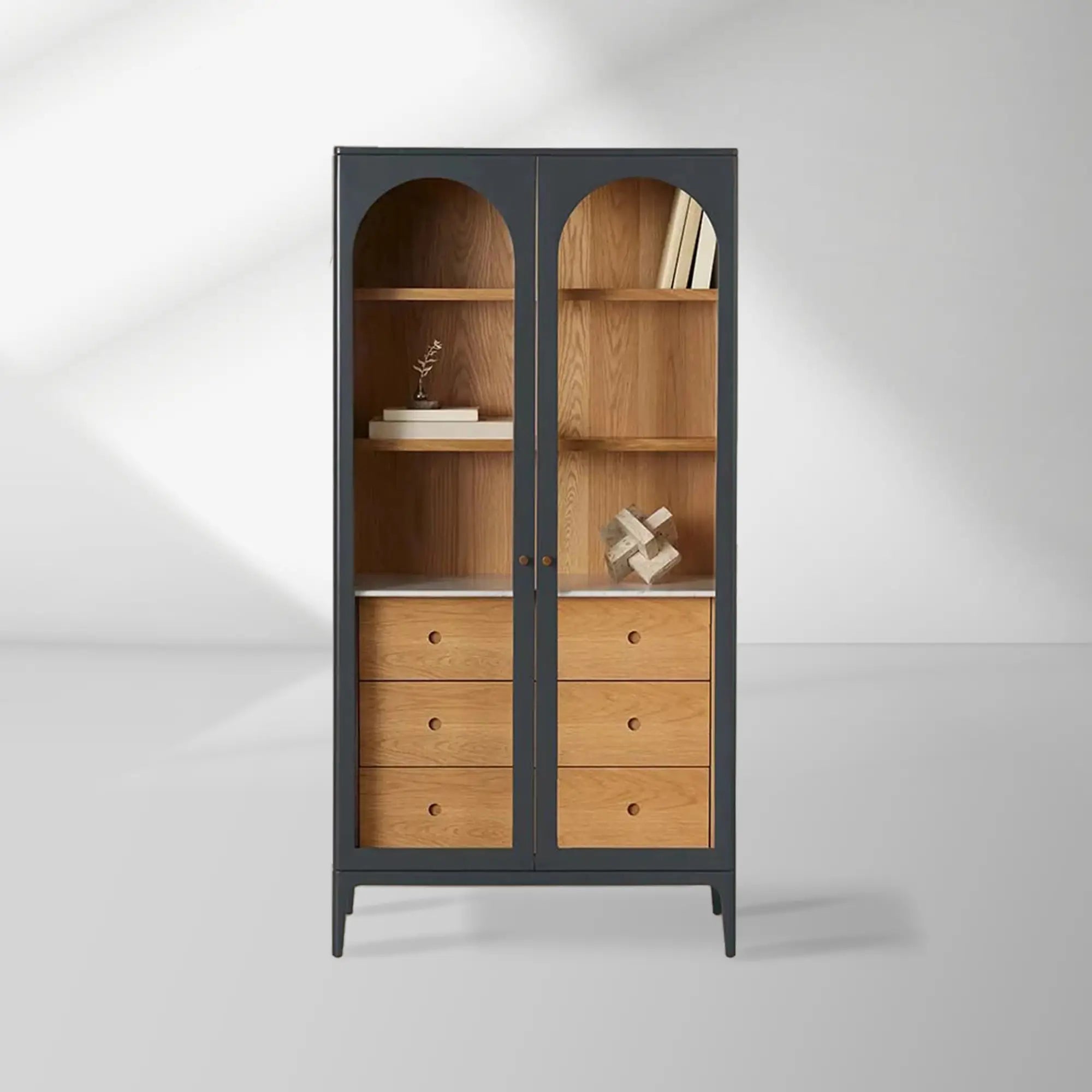 Linley Oak Wood Tall Display Cabinet Glass Door Bookcase with Drawers