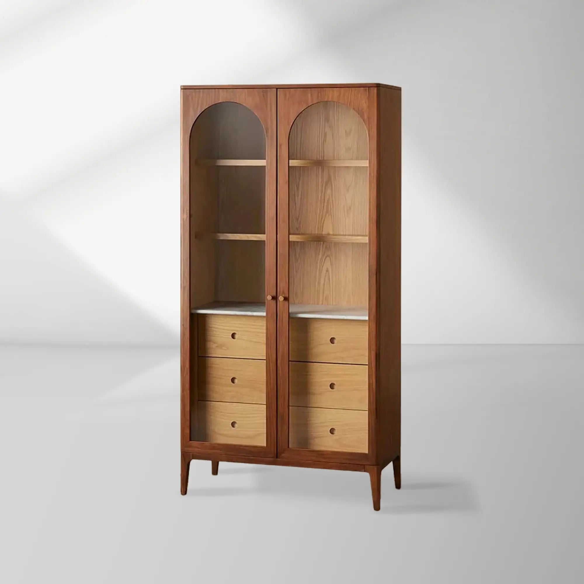 Linley Oak Wood Tall Display Cabinet Glass Door Bookcase with Drawers