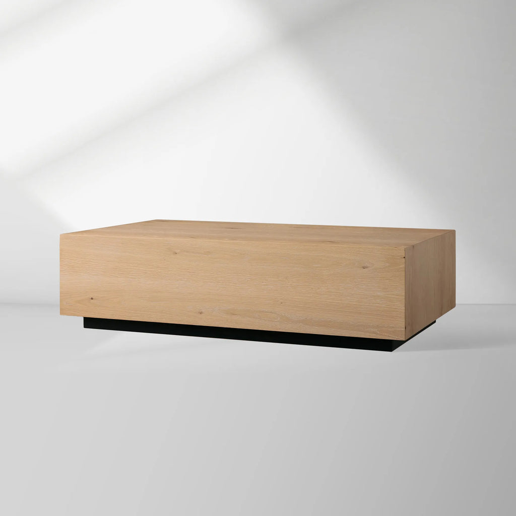 Sullivan Rectangular Oak Coffee Table Black Plinth Base Cocktail Table Wood Living Room Center Tea Table