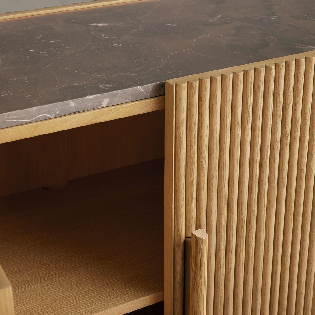 Astor Marble Top Sideboard Buffet Table Wood Living Room Entryways Cabinet Reeded Detailing