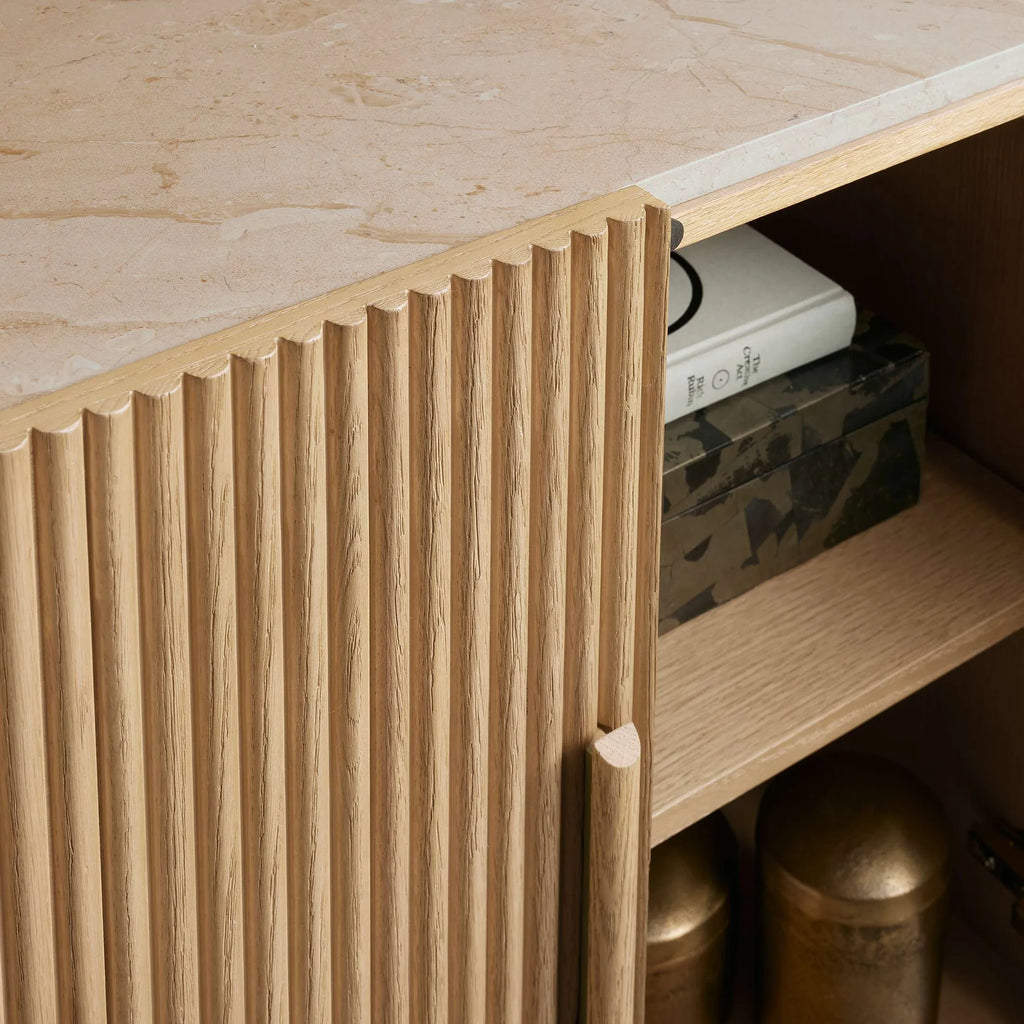 Astor Marble Top Sideboard Buffet Table Wood Living Room Entryways Cabinet Reeded Detailing