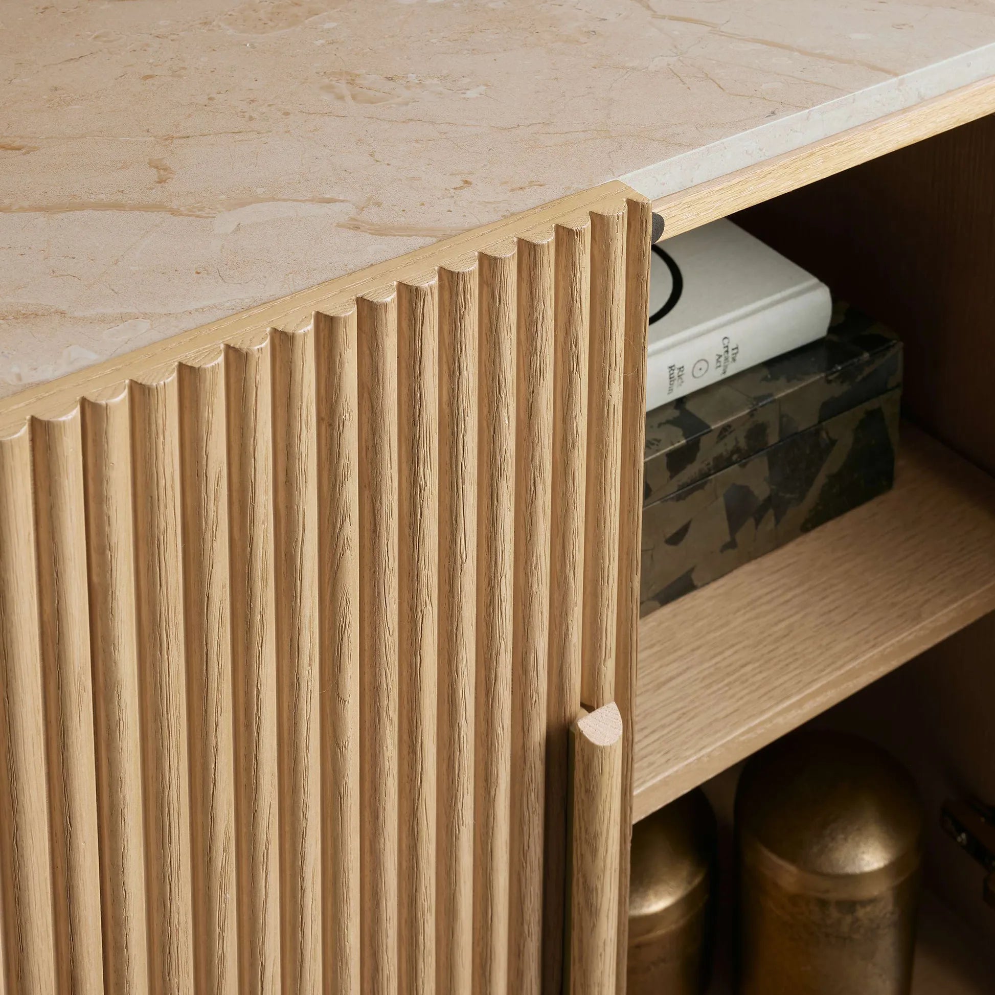 Astor Marble Top Sideboard Buffet Table Wood Living Room Entryways Cabinet Reeded Detailing