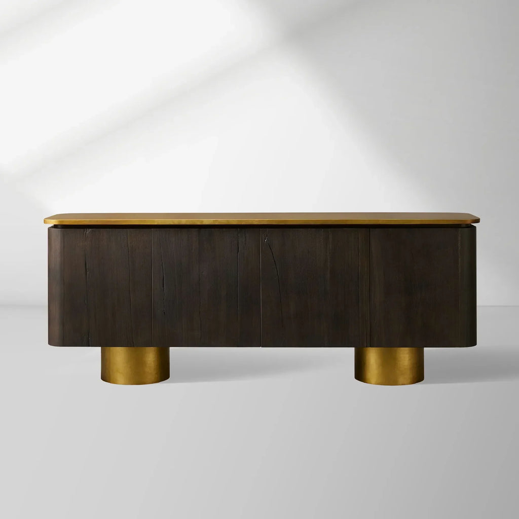 Neira Charred Walnut Sideboard with Aged Brass Legs Buffet Table Mid-Century Modern Living Room Entryways Cabinet