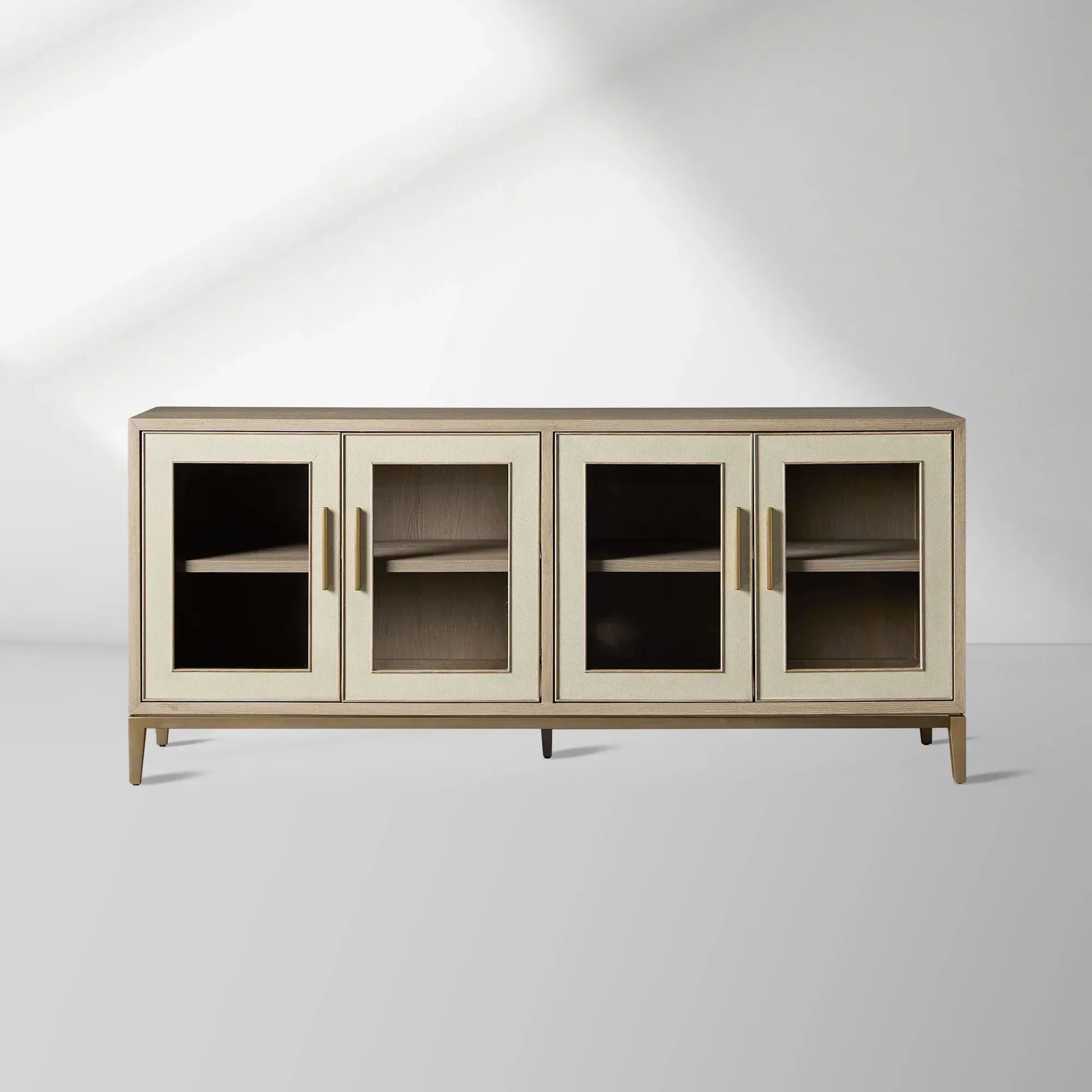 Malone leather Panels Sideboard Glass Doors Buffet Table Oak Wood Living Room Entryways Cabinet