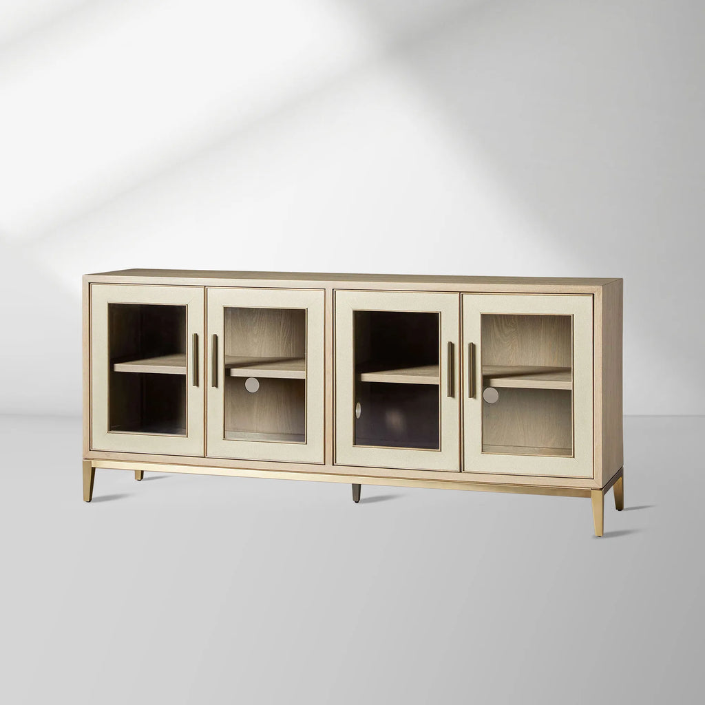Malone leather Panels Sideboard Glass Doors Buffet Table Oak Wood Living Room Entryways Cabinet