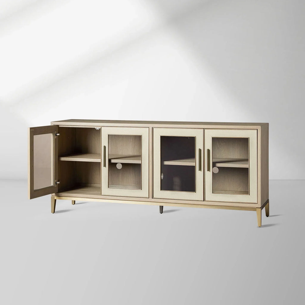 Malone leather Panels Sideboard Glass Doors Buffet Table Oak Wood Living Room Entryways Cabinet
