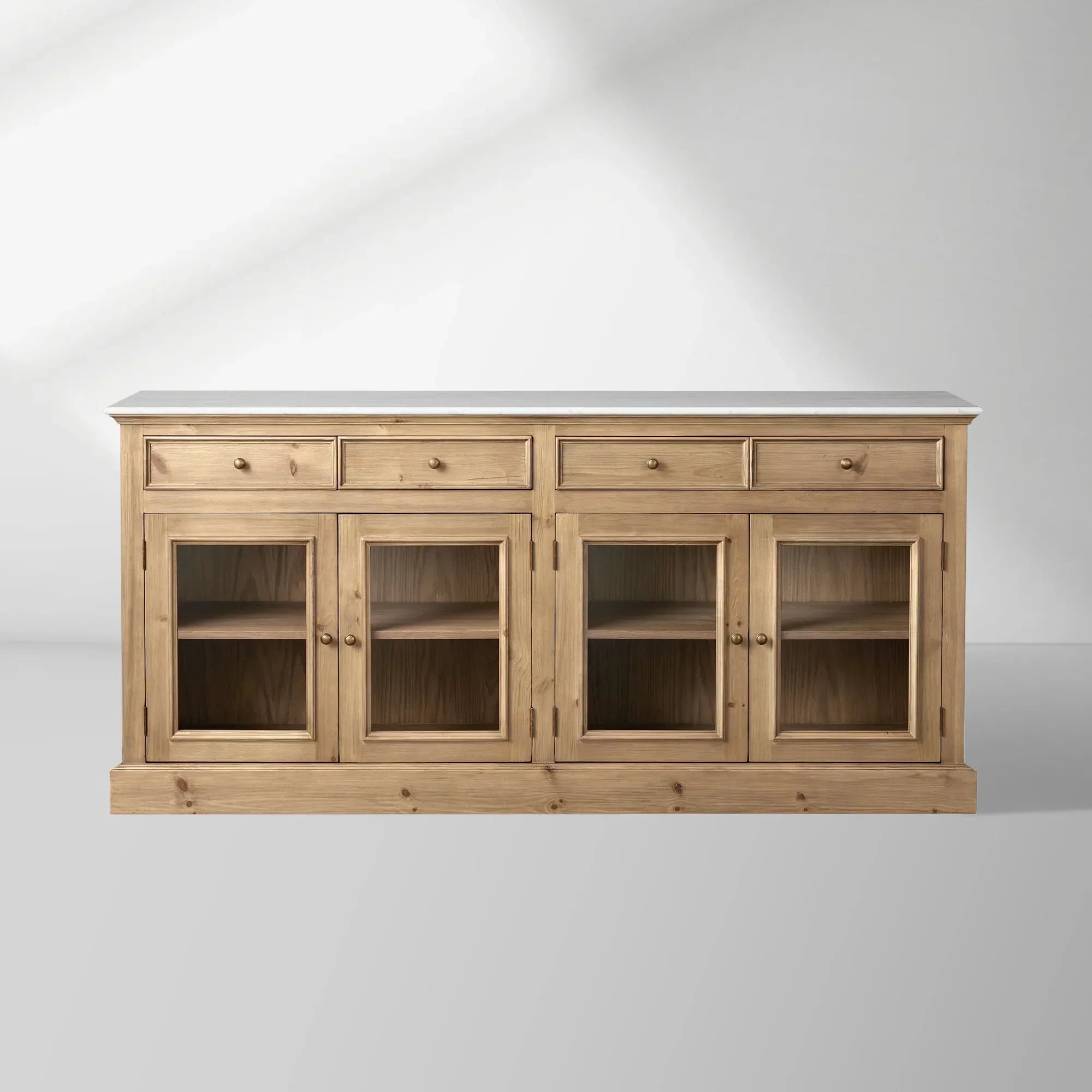 Kensington Marble Top Sideboard Wood Buffet Storage Entryways Side Cabinet With Glass Doors