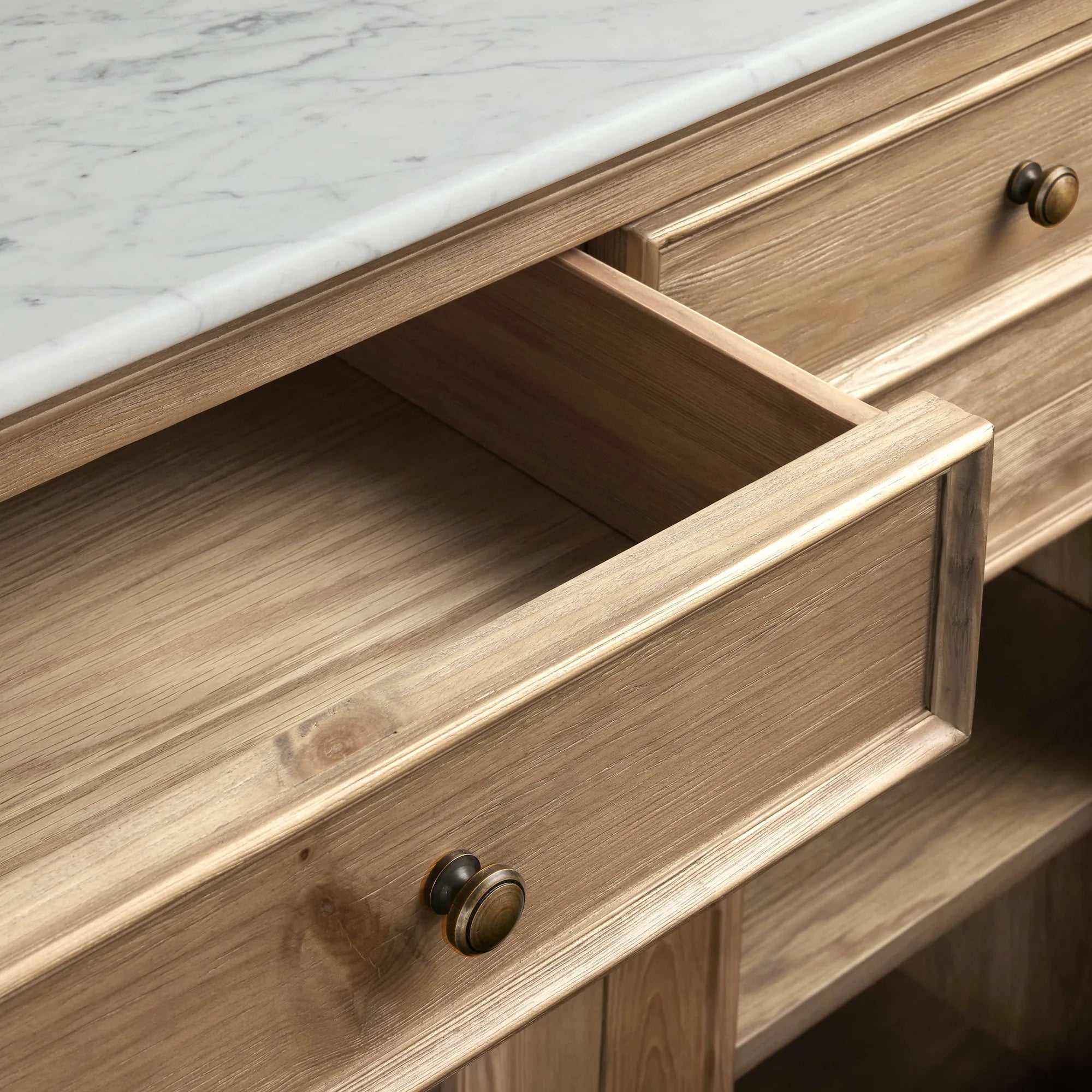 Kensington Marble Top Sideboard Wood Buffet Storage Entryways Side Cabinet With Glass Doors
