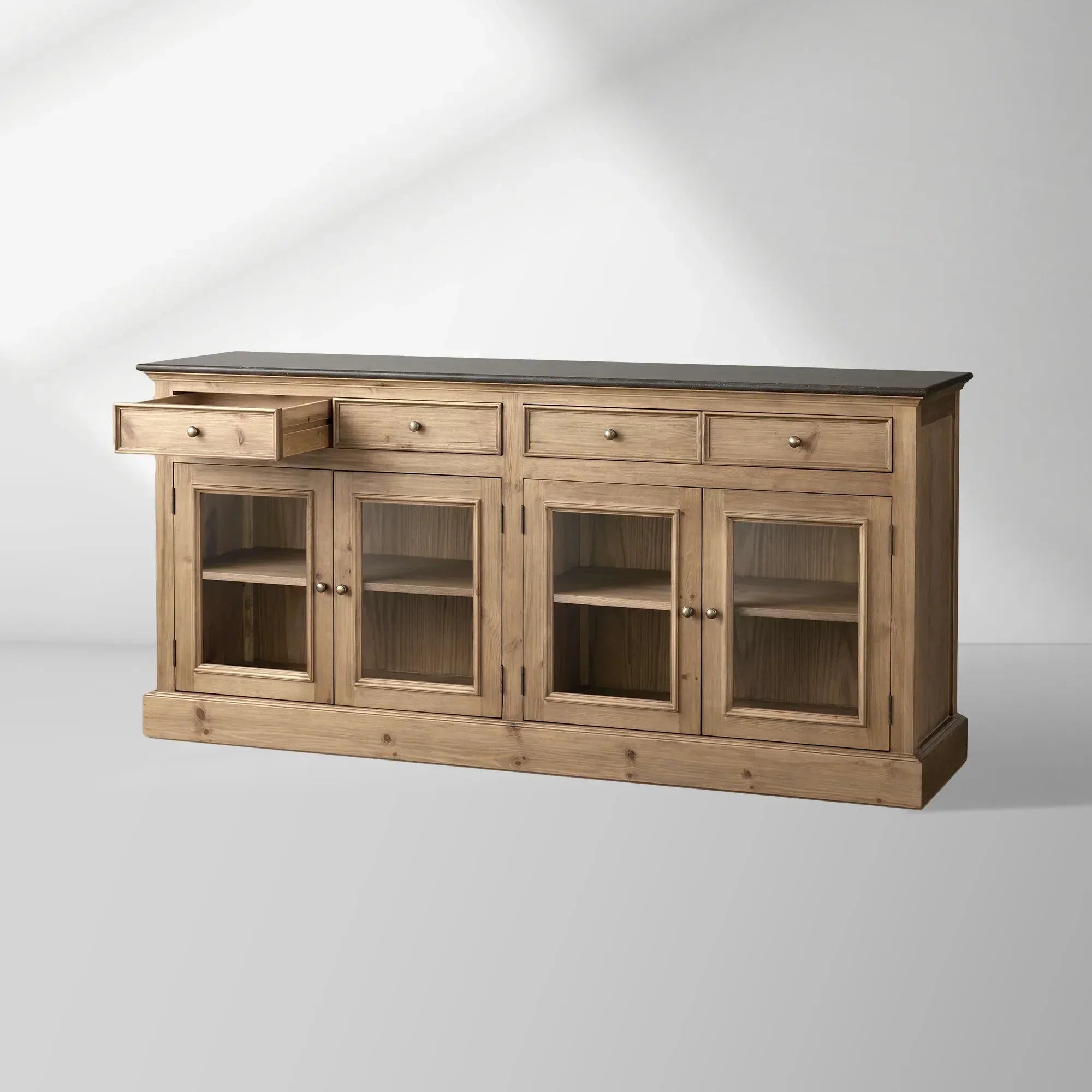 Kensington Marble Top Sideboard Wood Buffet Storage Entryways Side Cabinet With Glass Doors