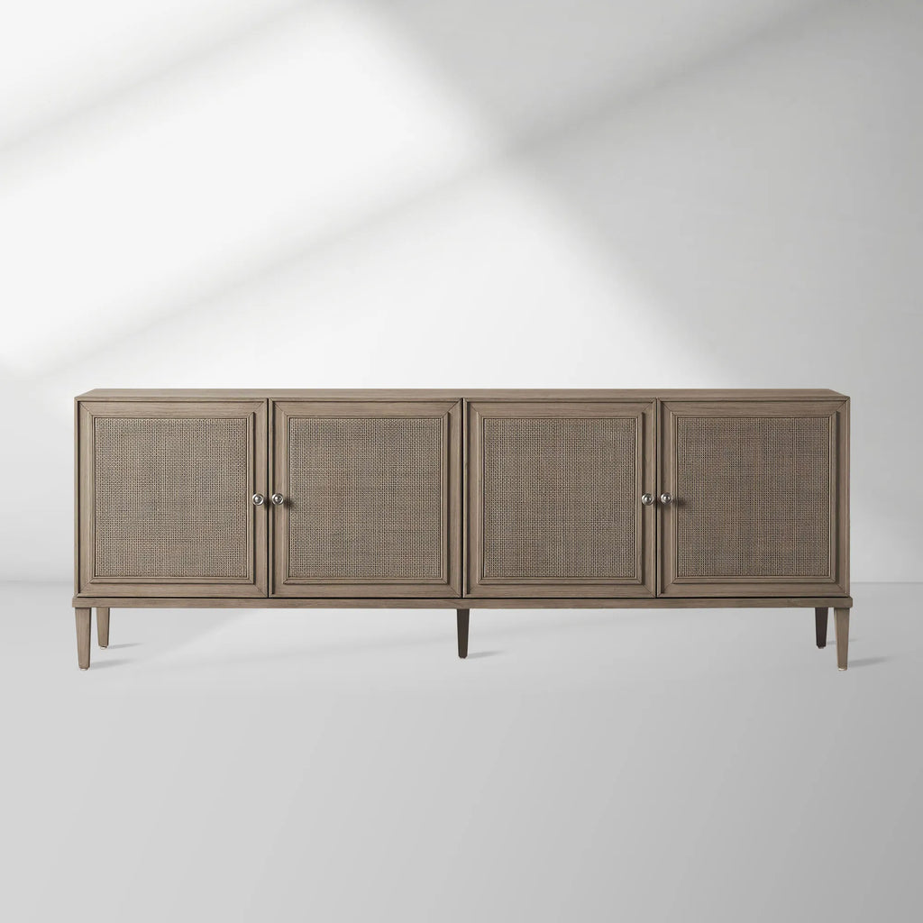 Pearson Mindi TV Stand Woven Cane Cabinet Doors Media Console Wood Sideboard Television Storage Unit