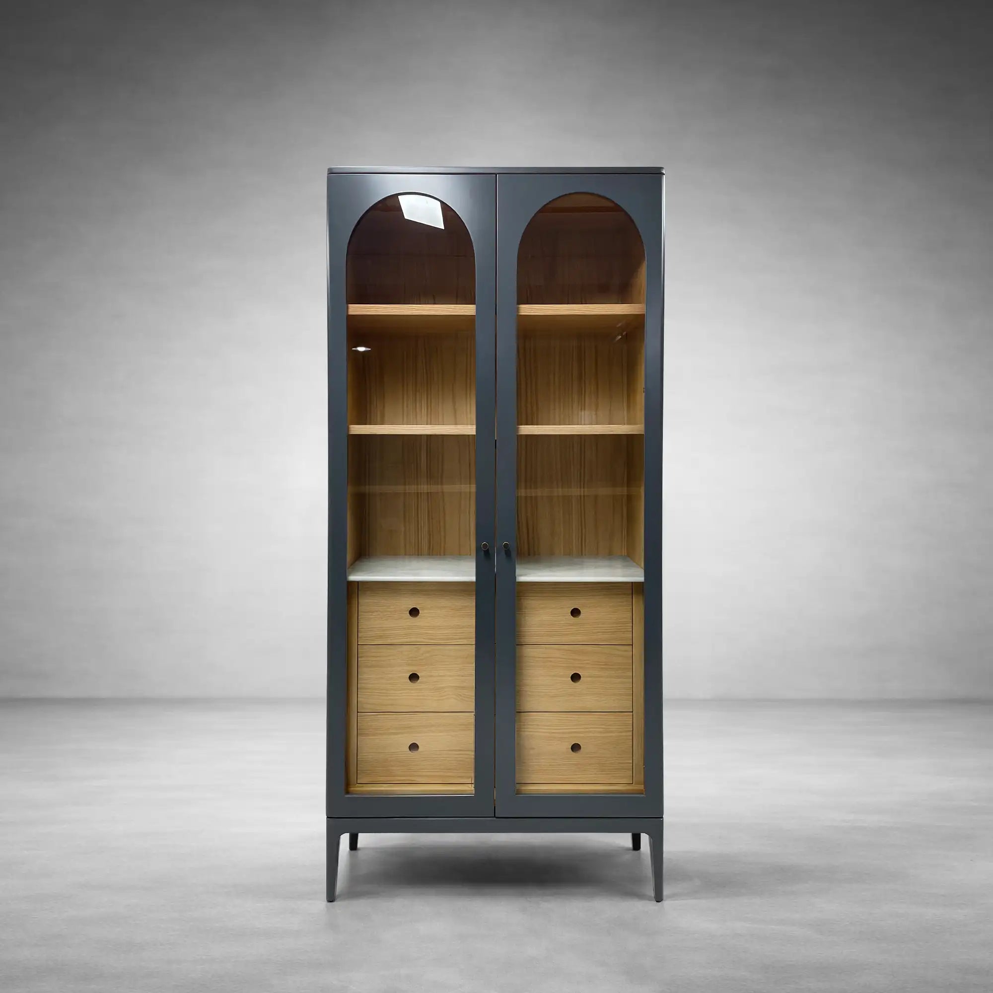 Linley Oak Wood Tall Display Cabinet Glass Door Bookcase with Drawers
