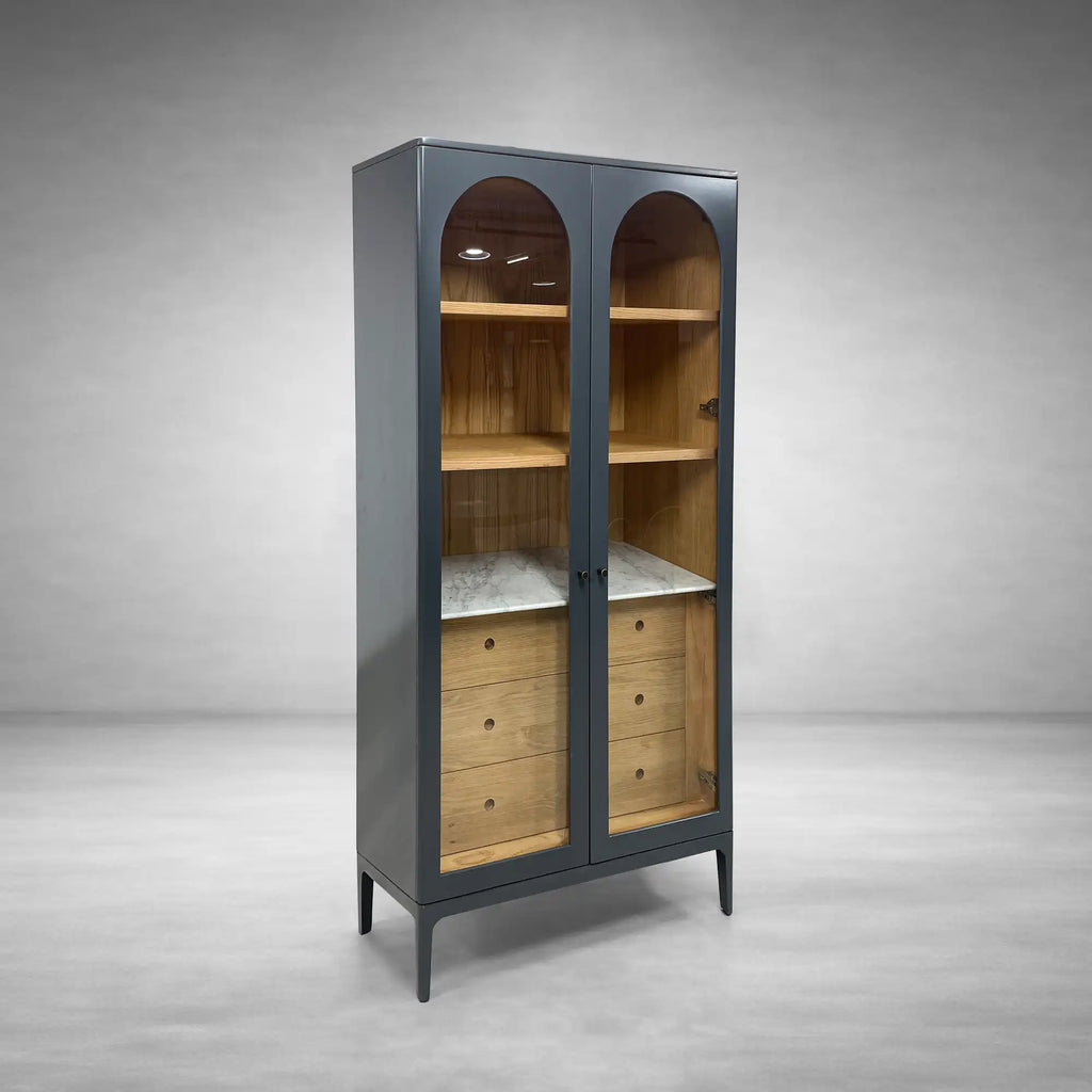 Linley Oak Wood Tall Display Cabinet Glass Door Bookcase with Drawers