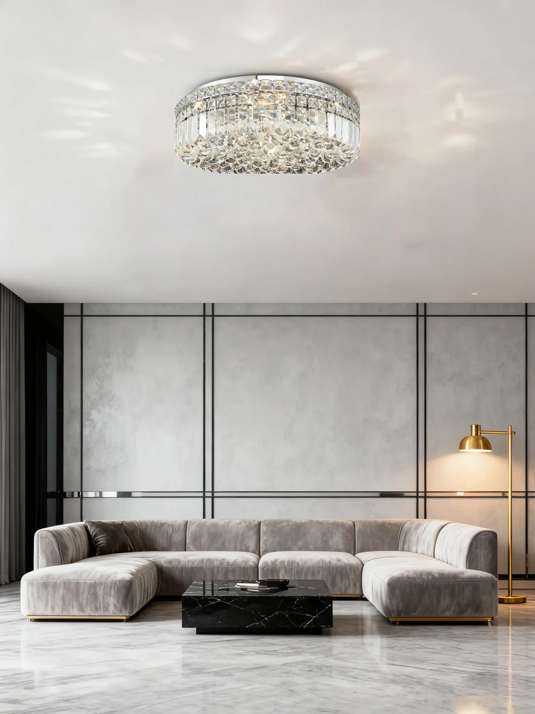 20'' Round Flush Mounted Chandelier Modern Crystal Ceiling Light
