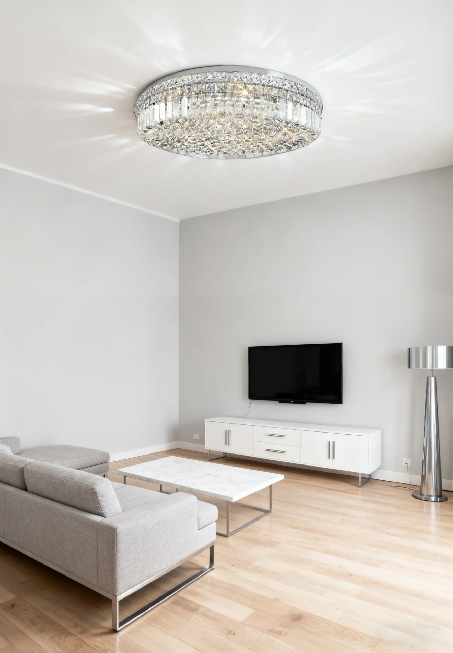 24'' Round Flush Mounted Chandelier Modern Crystal Ceiling Light