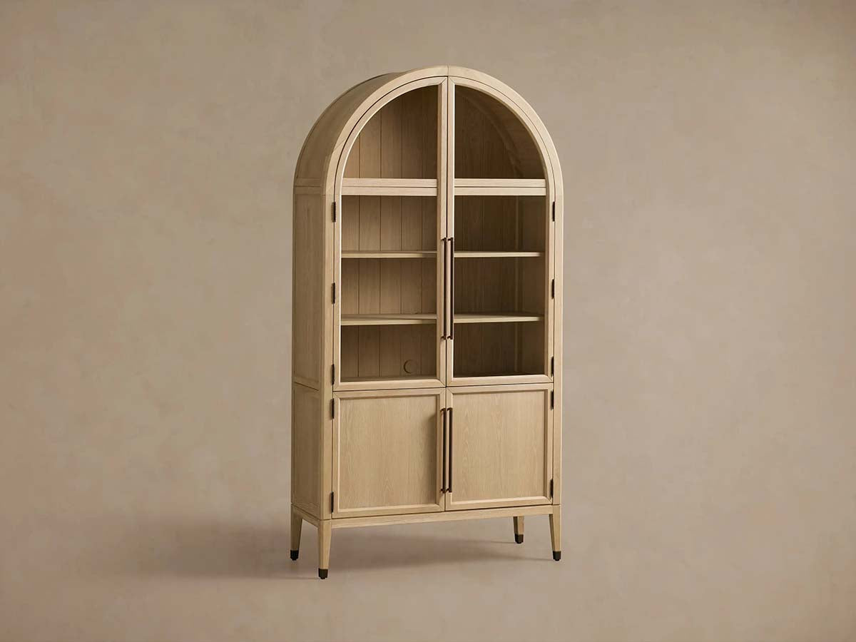 Hattie Glass Tall Display Cabinet Oak Wood Living Room Storage Cabinet