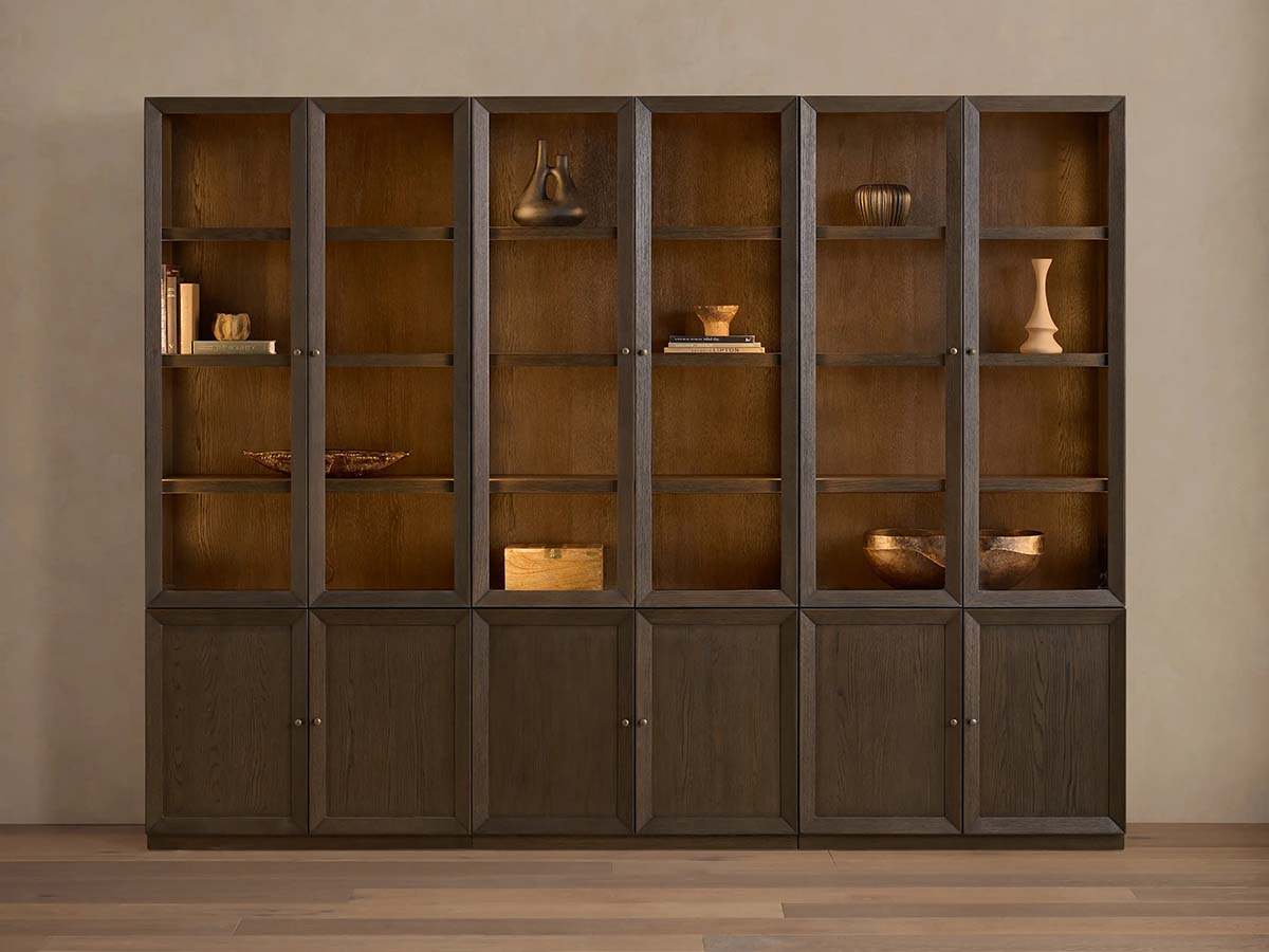 Nason Modular Glass Display Cabinets Oak Wood Tall Cabinets Large Bookcase with Integrated LED Lighting