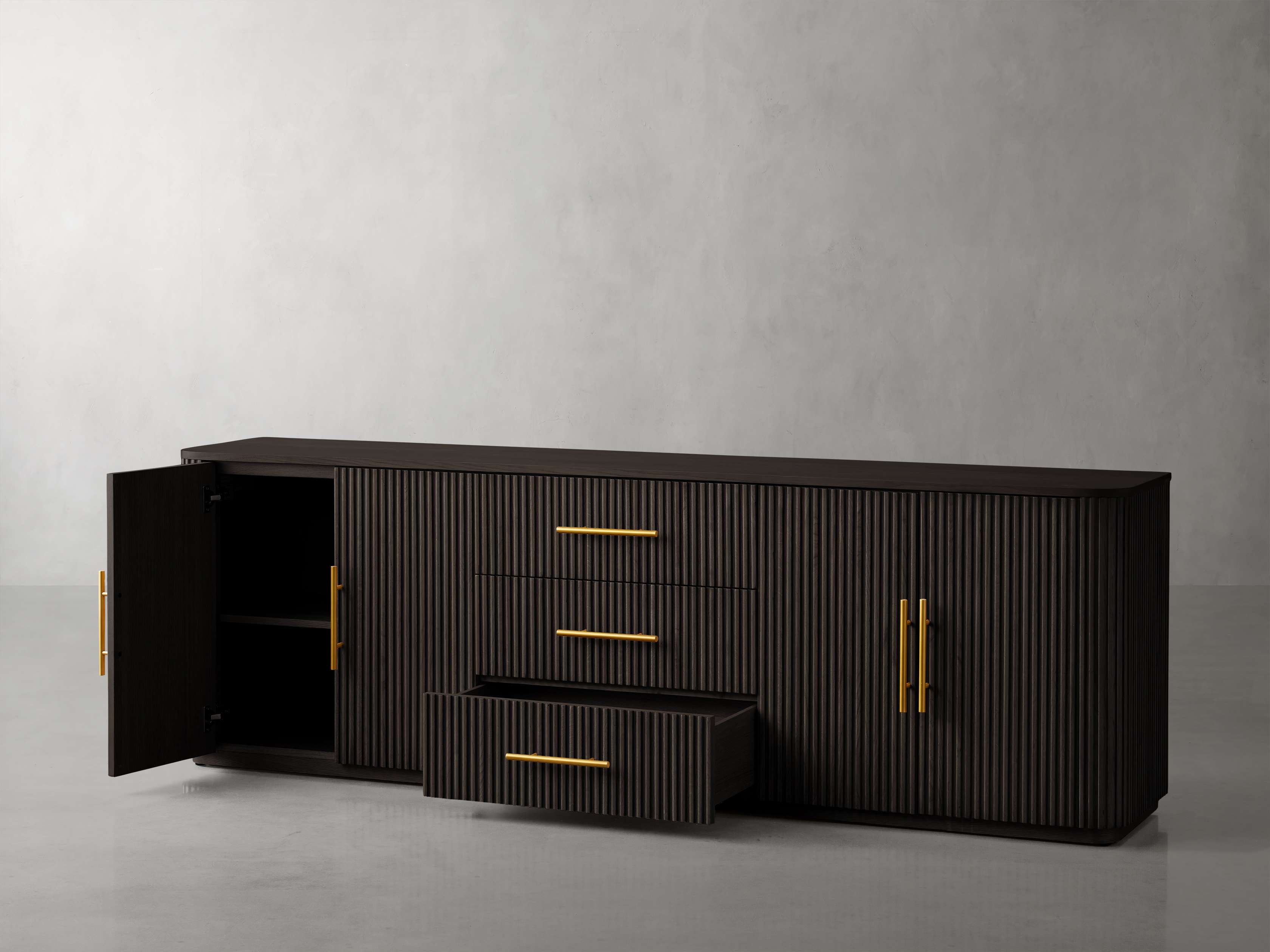 Finnley Reeded Wide-Format Sideboard Wood Buffet Cabinets with 3 Drawers
