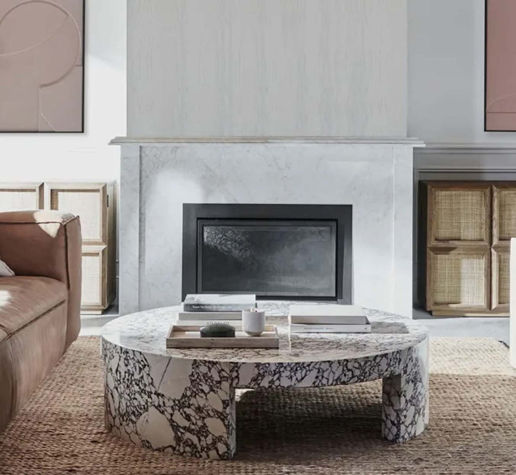 Veneta Round Carrara Marble Coffee Table Living Room Wood Center Tea Table
