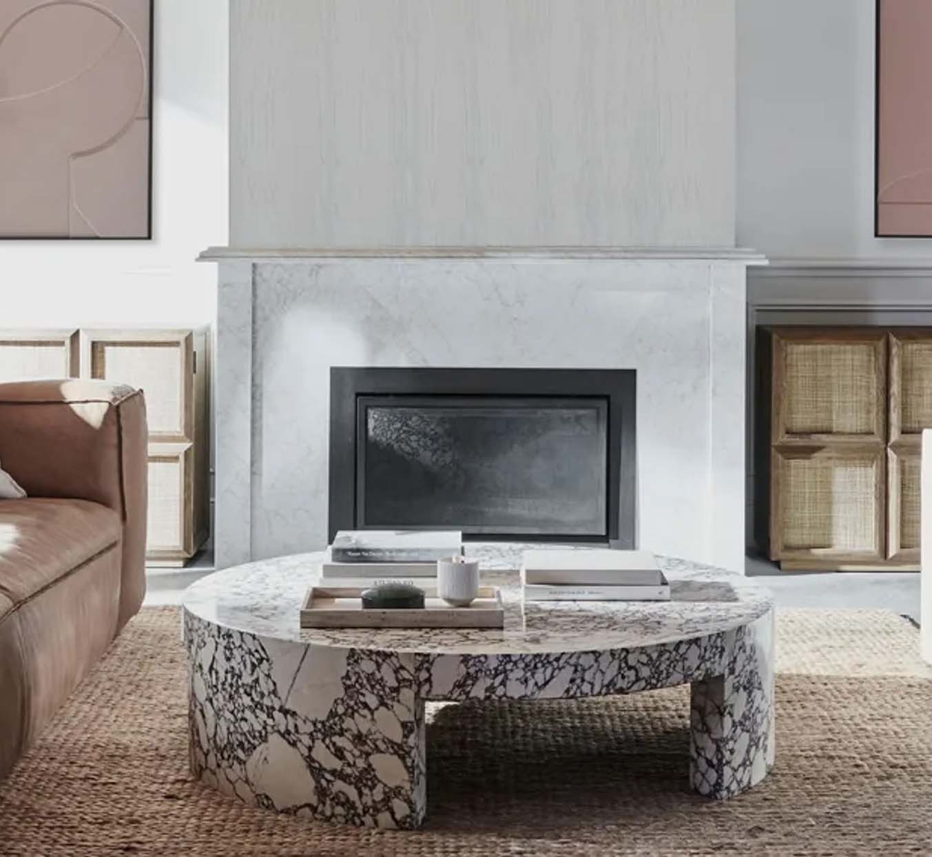 Veneta Round Carrara Marble Coffee Table Living Room Wood Center Tea Table