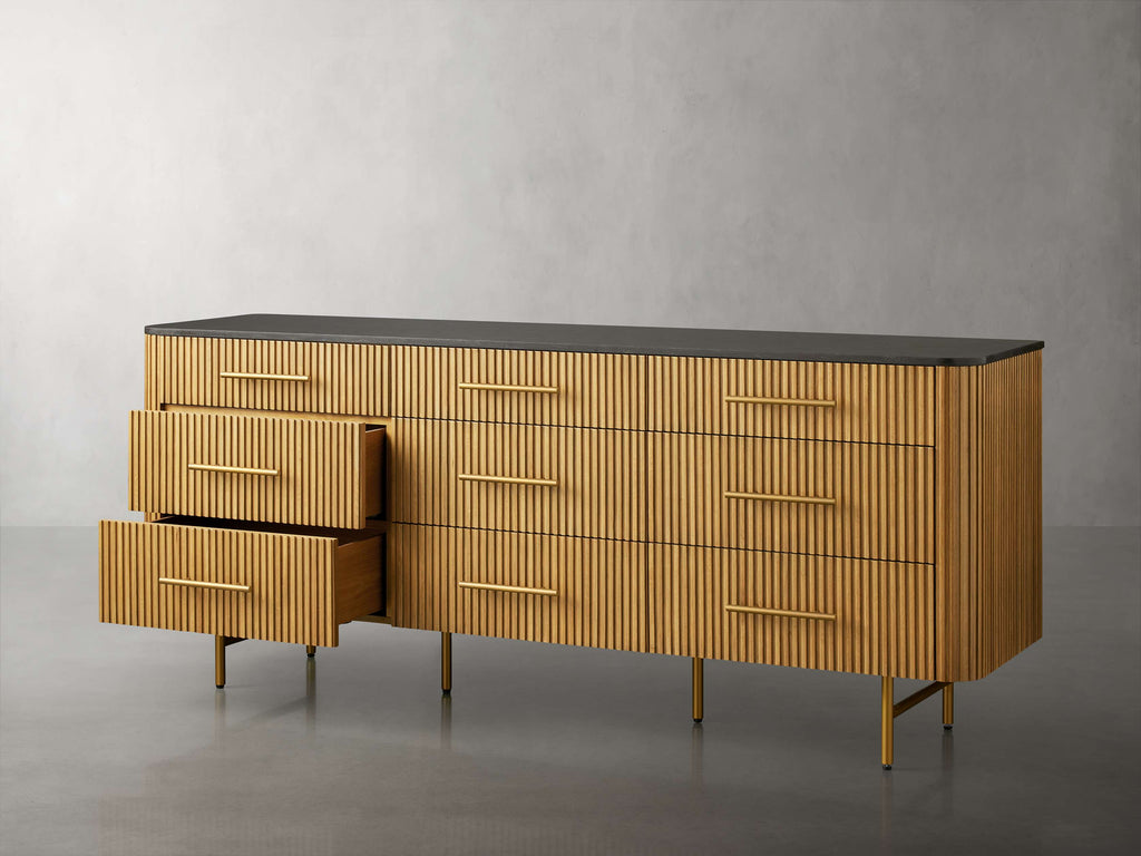 Finnley Wood Nine-Drawer Dresser with Natural Stone Drawer Chest Cabinet