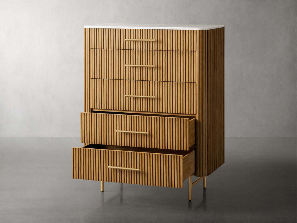 Finnley Wood Five-Drawer Dresser with Marble Top Drawer Chest Cabinet