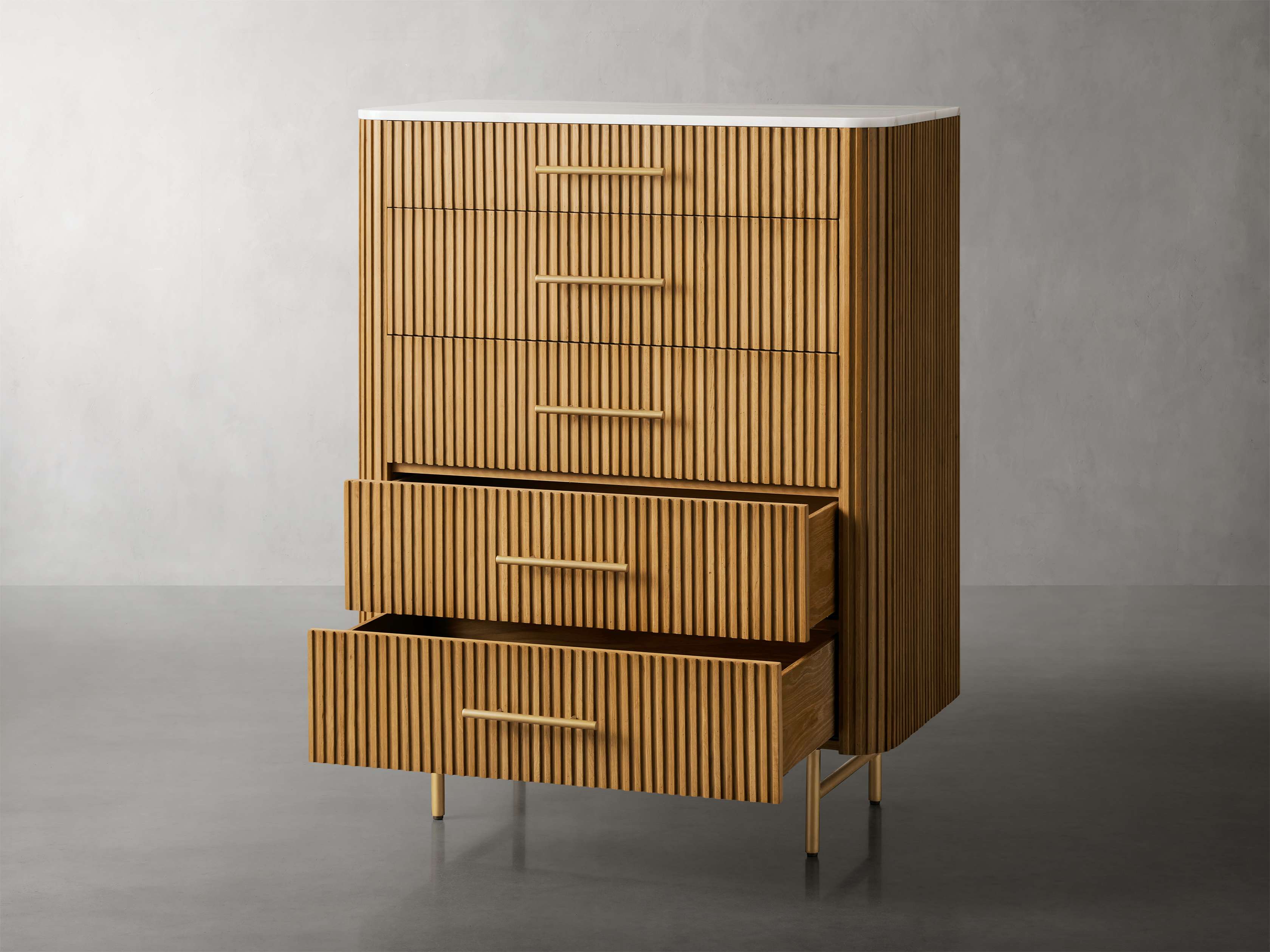Finnley Wood Five-Drawer Dresser with Marble Top Drawer Chest Cabinet