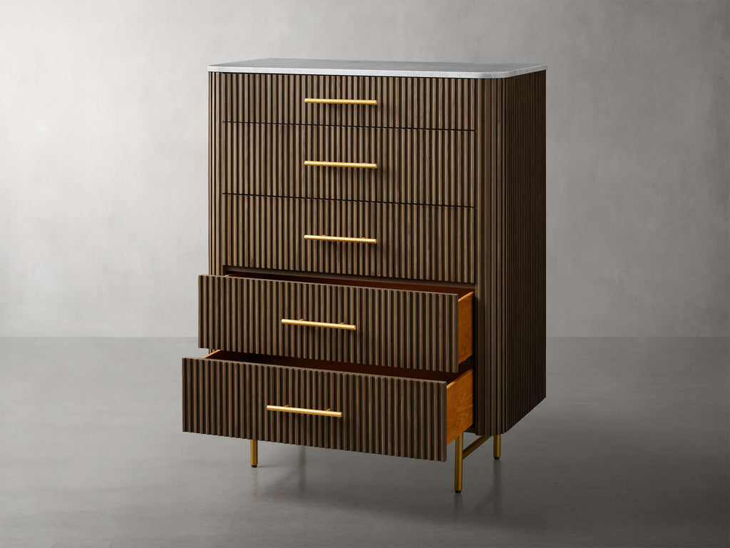 Finnley Wood Five-Drawer Dresser with Marble Top Drawer Chest Cabinet