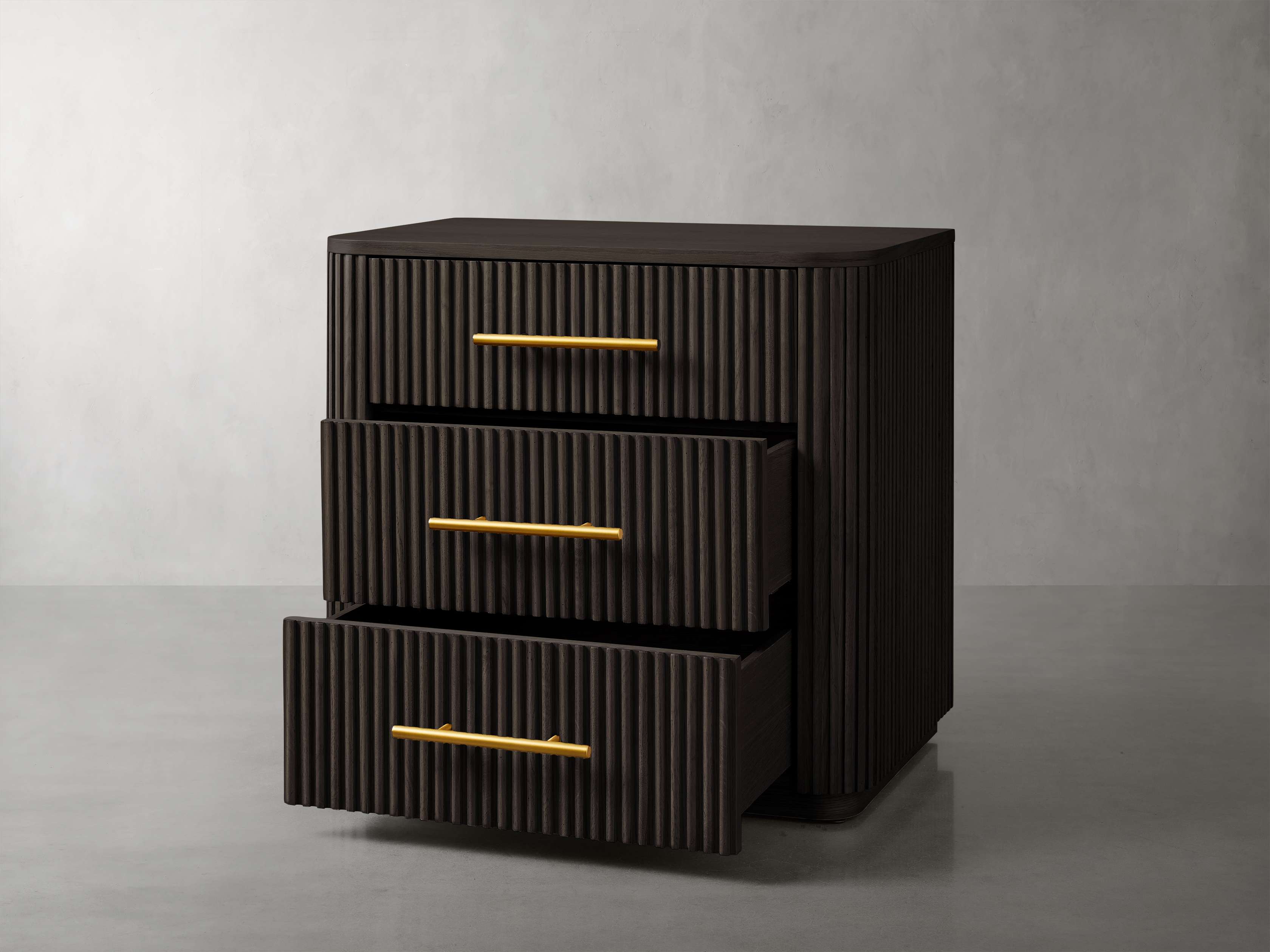 Finnley Wood Nightstand Three Drawers Chest Reeded Nightside Table