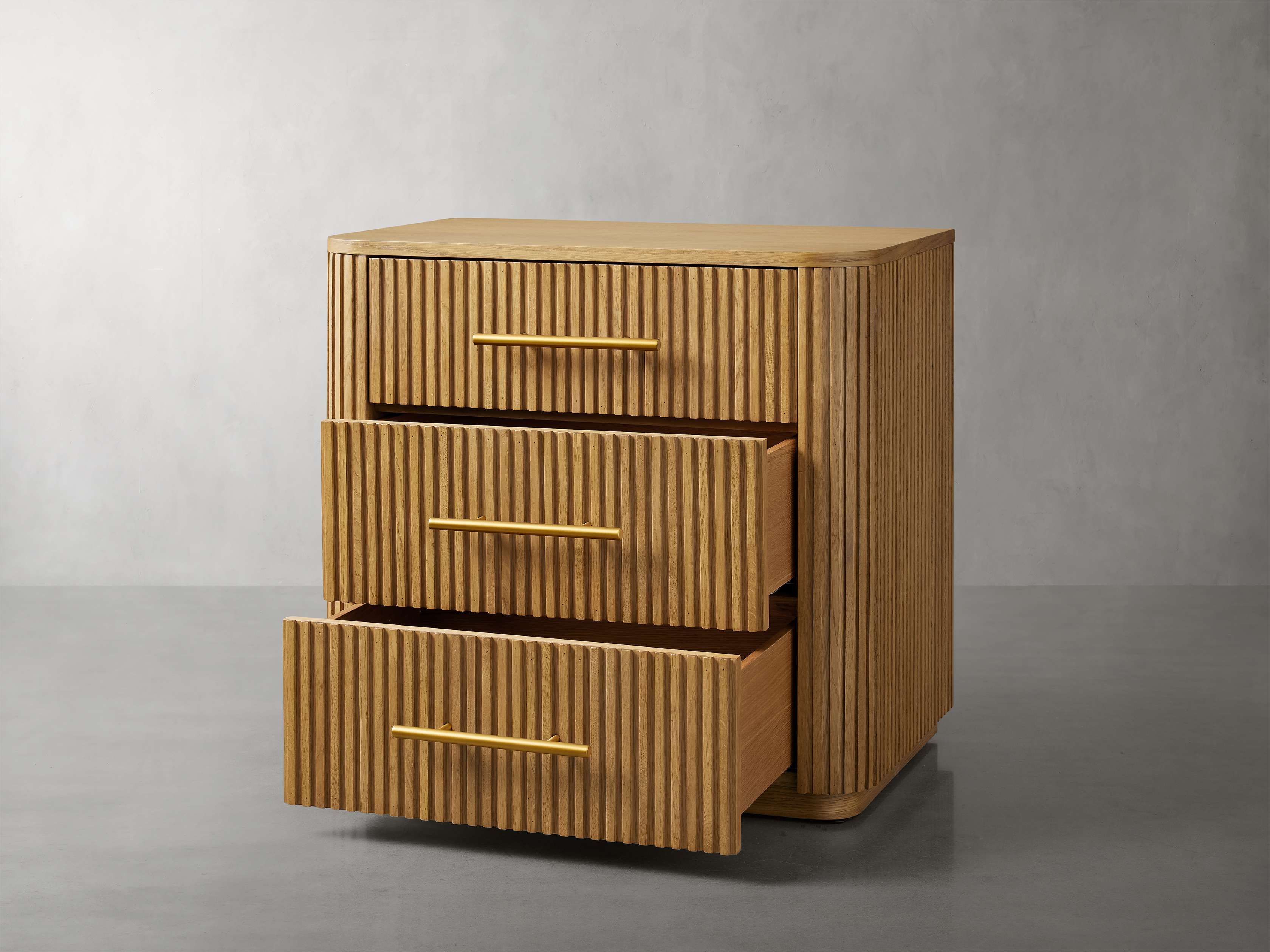 Finnley Wood Nightstand Three Drawers Chest Reeded Nightside Table