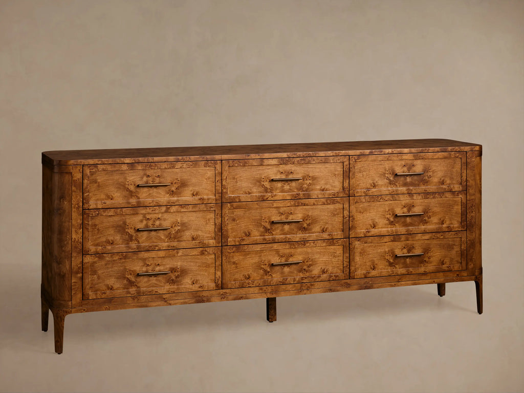 Mogadore Burl Wood Nine Drawer Dresser