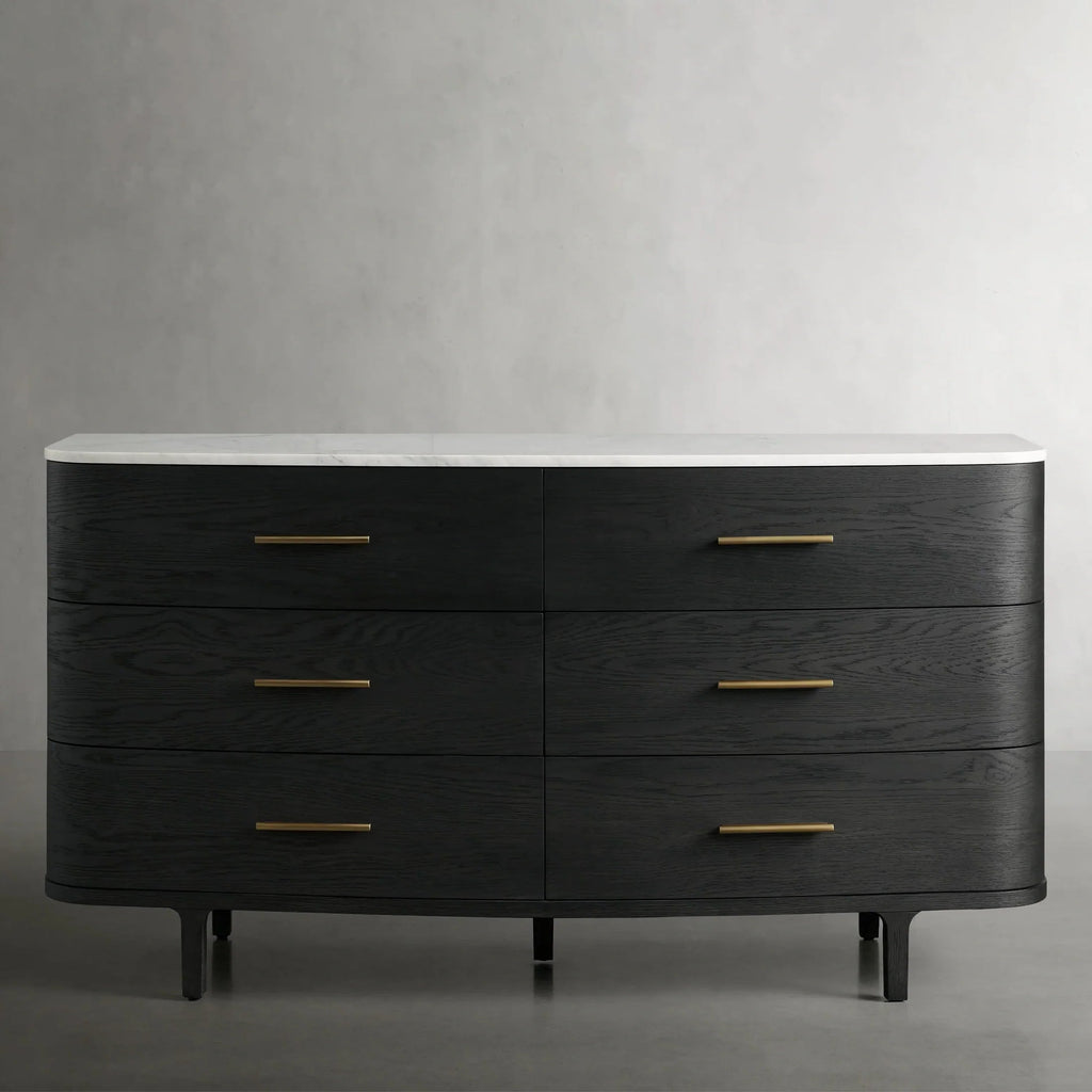 Danny Wood Six-Drawer Dresser with Marble Top Chest Of 6 Drawers Storage Cabinet