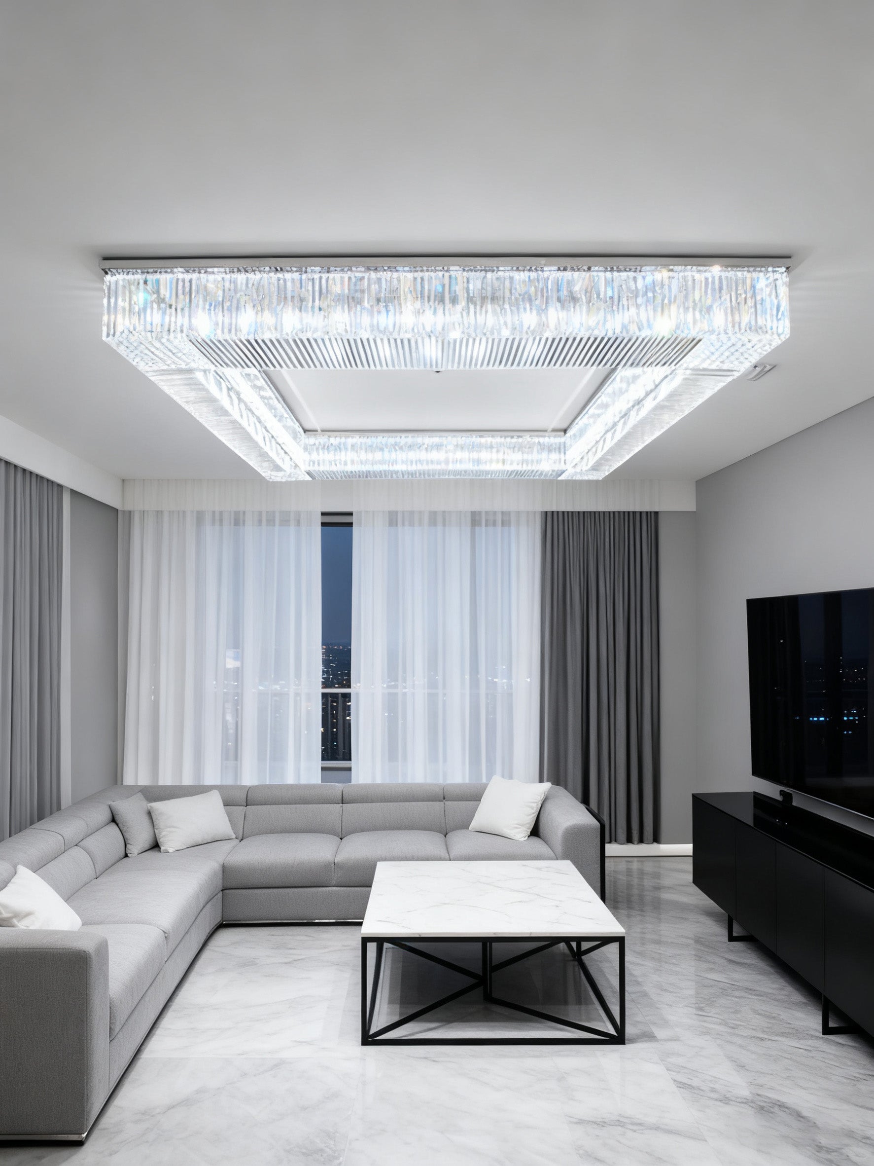 72 Inch Big Square Flush Mounted Chrome Crystal Chandelier for Living Room