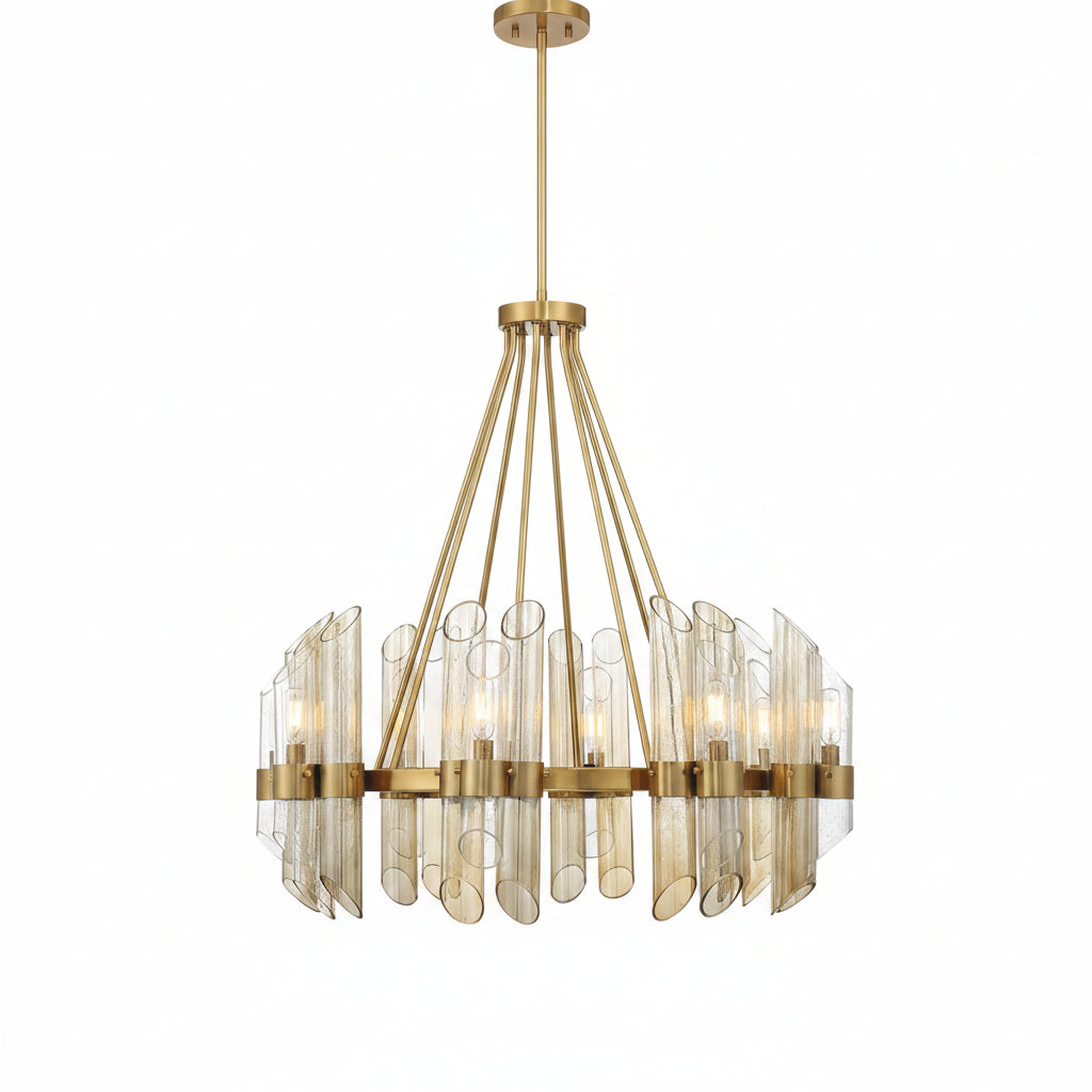 Art Deco Glass Chandelier in Warm Brass