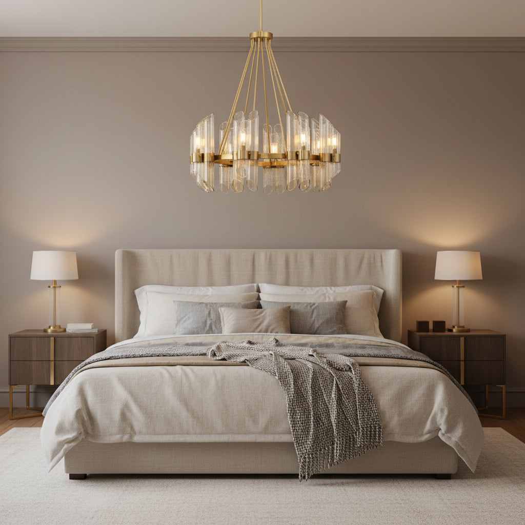 Art Deco Glass Chandelier in Warm Brass