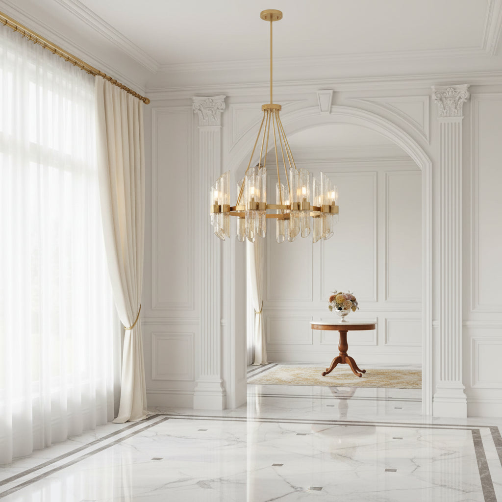 Art Deco Glass Chandelier in Warm Brass
