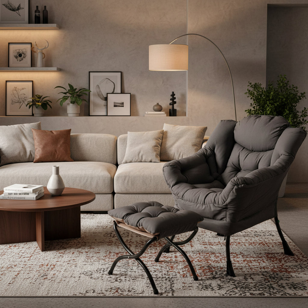 Lazy Accent Chair with Ottoman, Modern Armchair with Side Pocket, Leisure Sofa Chair with Footrest for Small Spaces