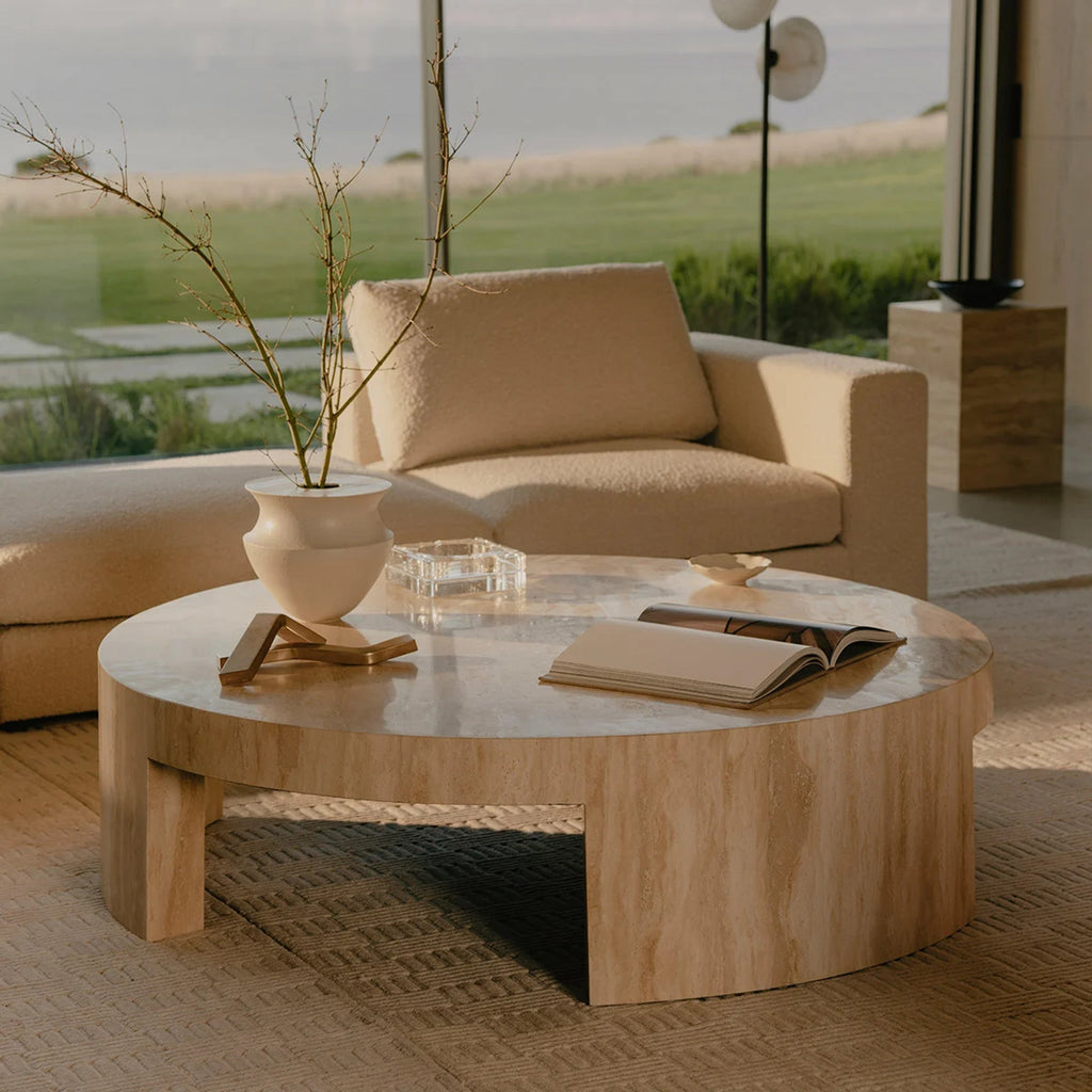 Veneta Round Carrara Marble Coffee Table Living Room Wood Center Tea Table